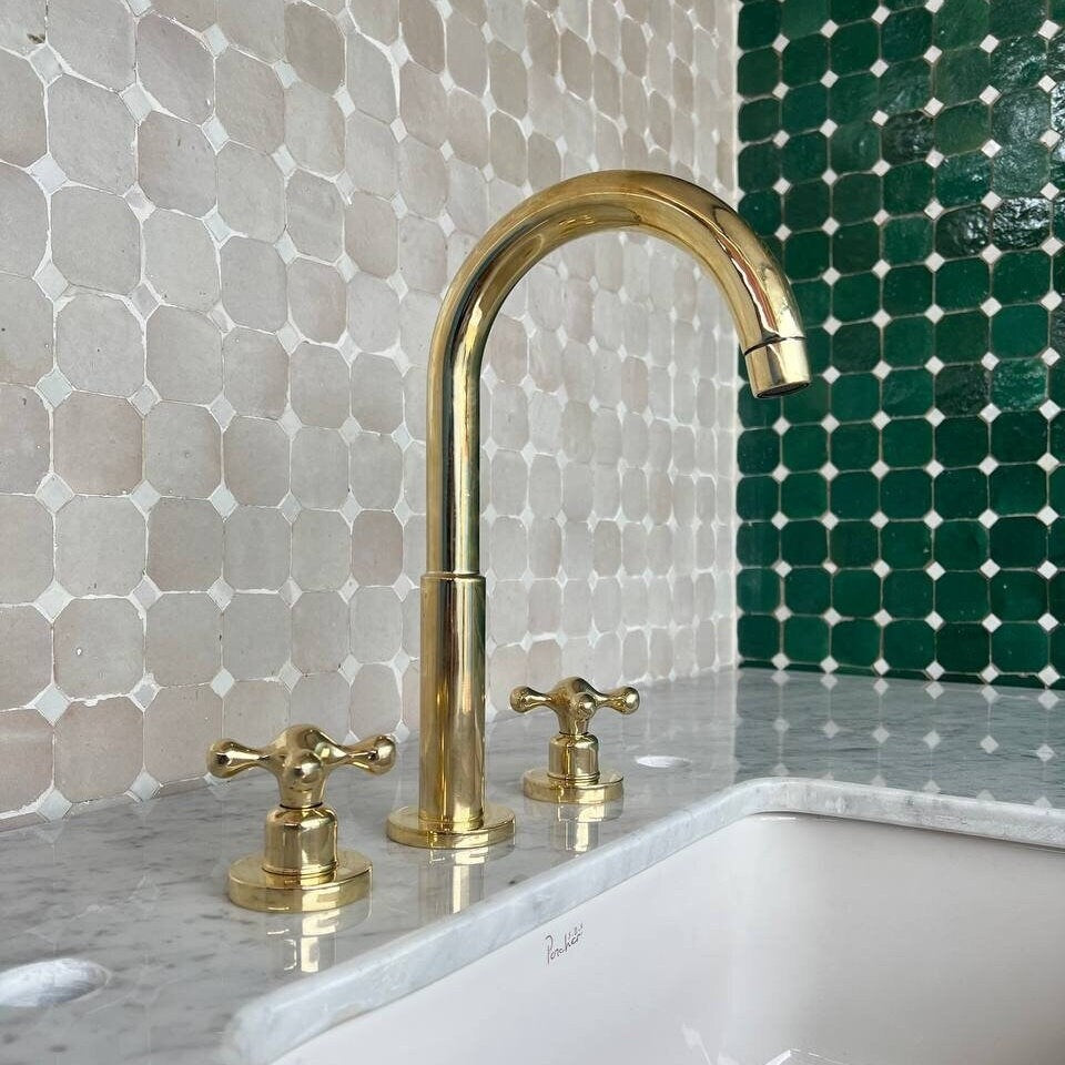 Widespread Bathroom Faucet in unlacquered Brass #VFK200 – VintageFaucets, image size:960x960