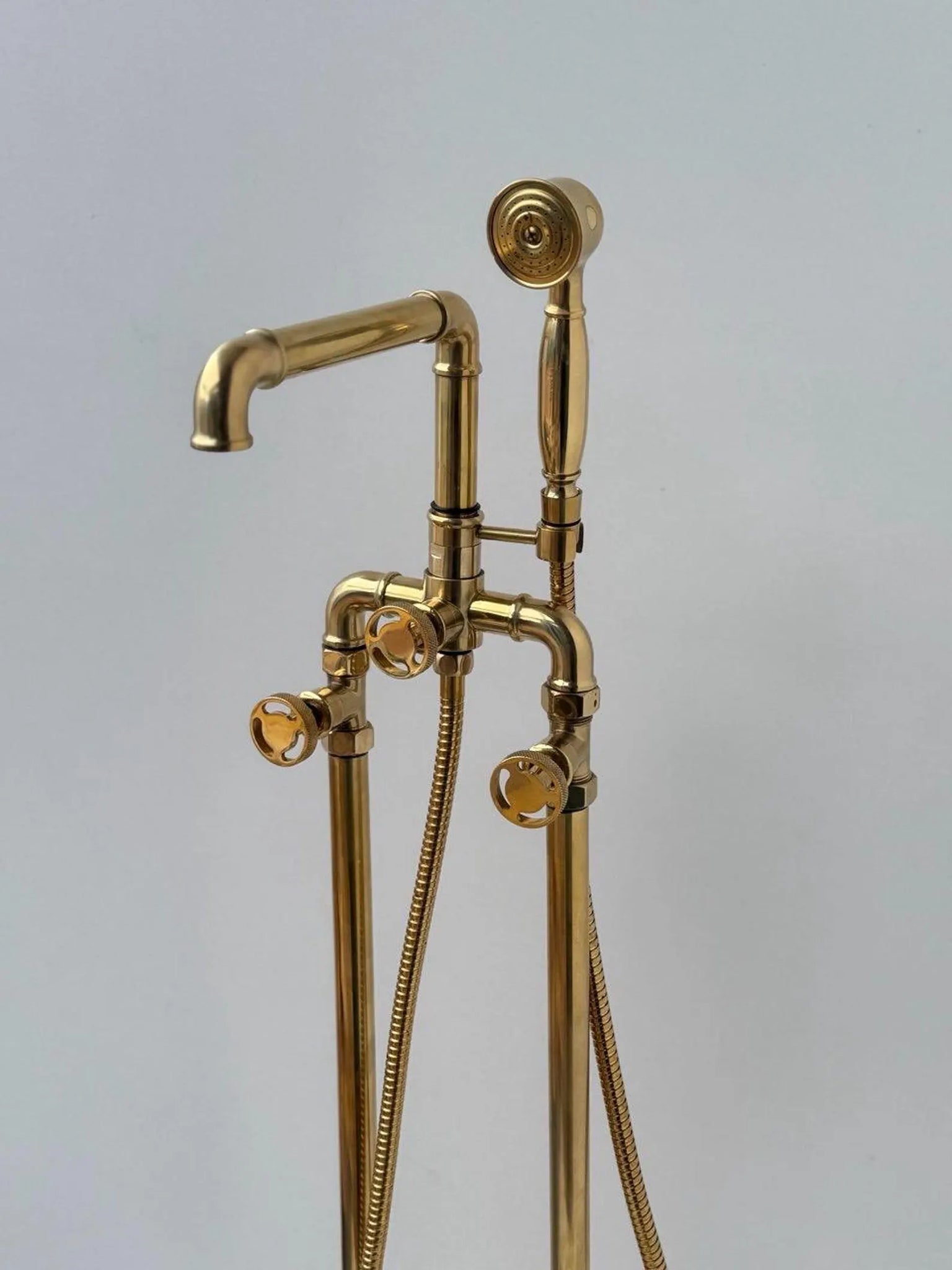 Unlacquered Brass Freestanding Tub Filler — Floor-Mount Faucet with Hand Shower #VFK253