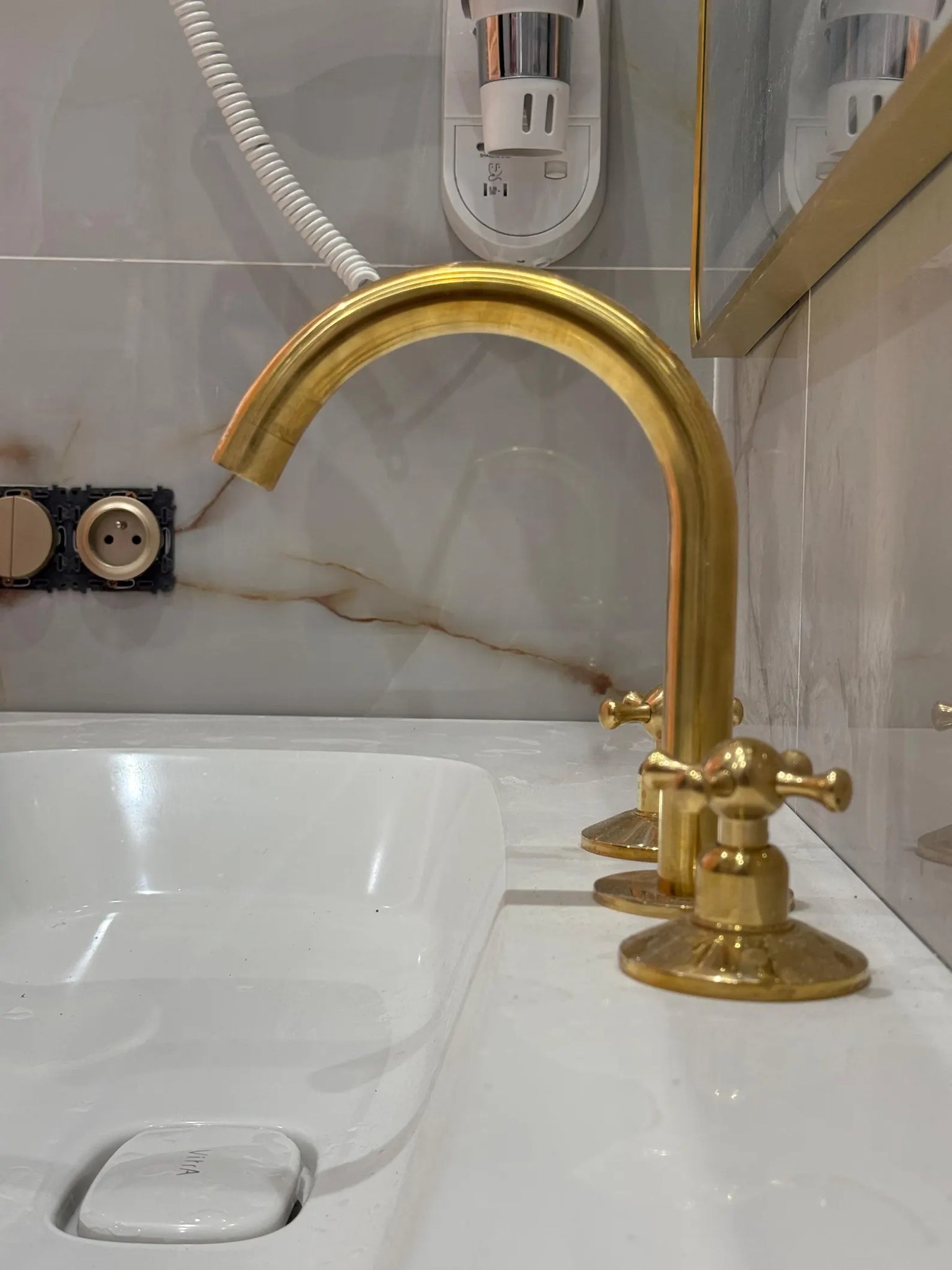 Unlacquered Brass Widespread Mixer Faucet — 3-Hole Deck-Mount with Gooseneck Spout & Cross Handles #VFK254