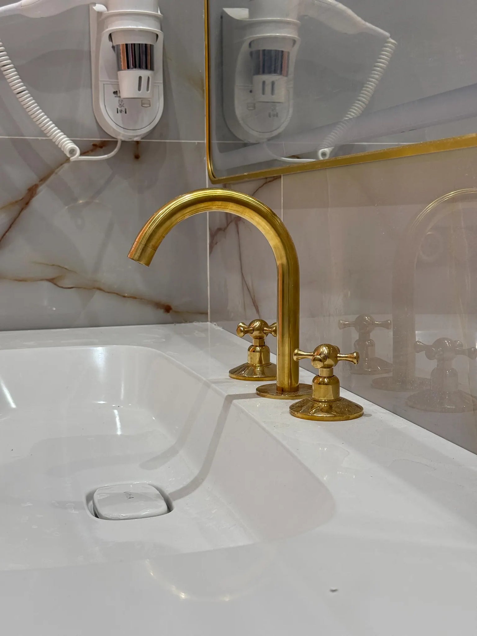 Unlacquered Brass Widespread Mixer Faucet — 3-Hole Deck-Mount with Gooseneck Spout & Cross Handles #VFK254
