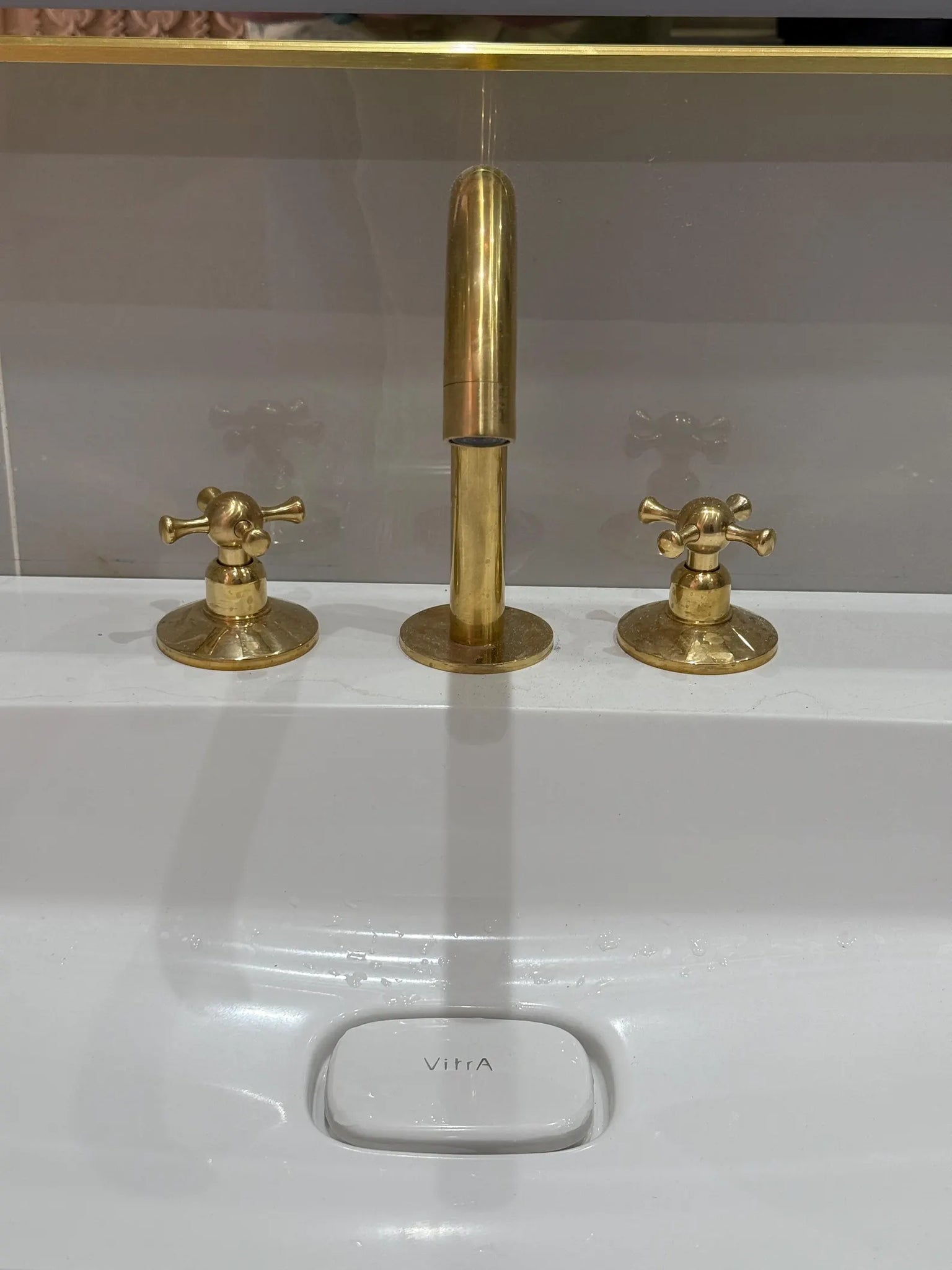 Unlacquered Brass Widespread Mixer Faucet — 3-Hole Deck-Mount with Gooseneck Spout & Cross Handles #VFK254