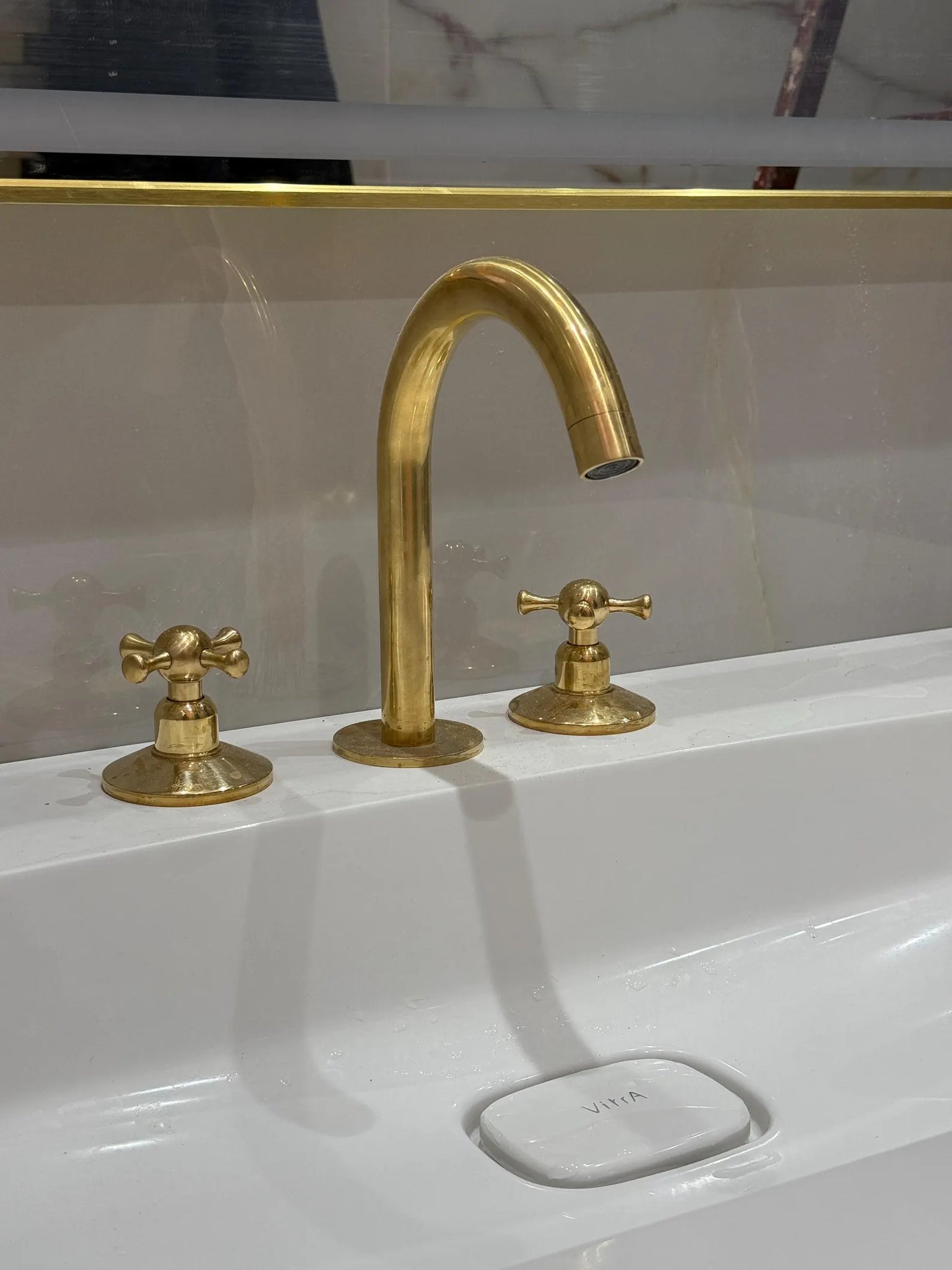 Unlacquered Brass Widespread Mixer Faucet — 3-Hole Deck-Mount with Gooseneck Spout & Cross Handles #VFK254