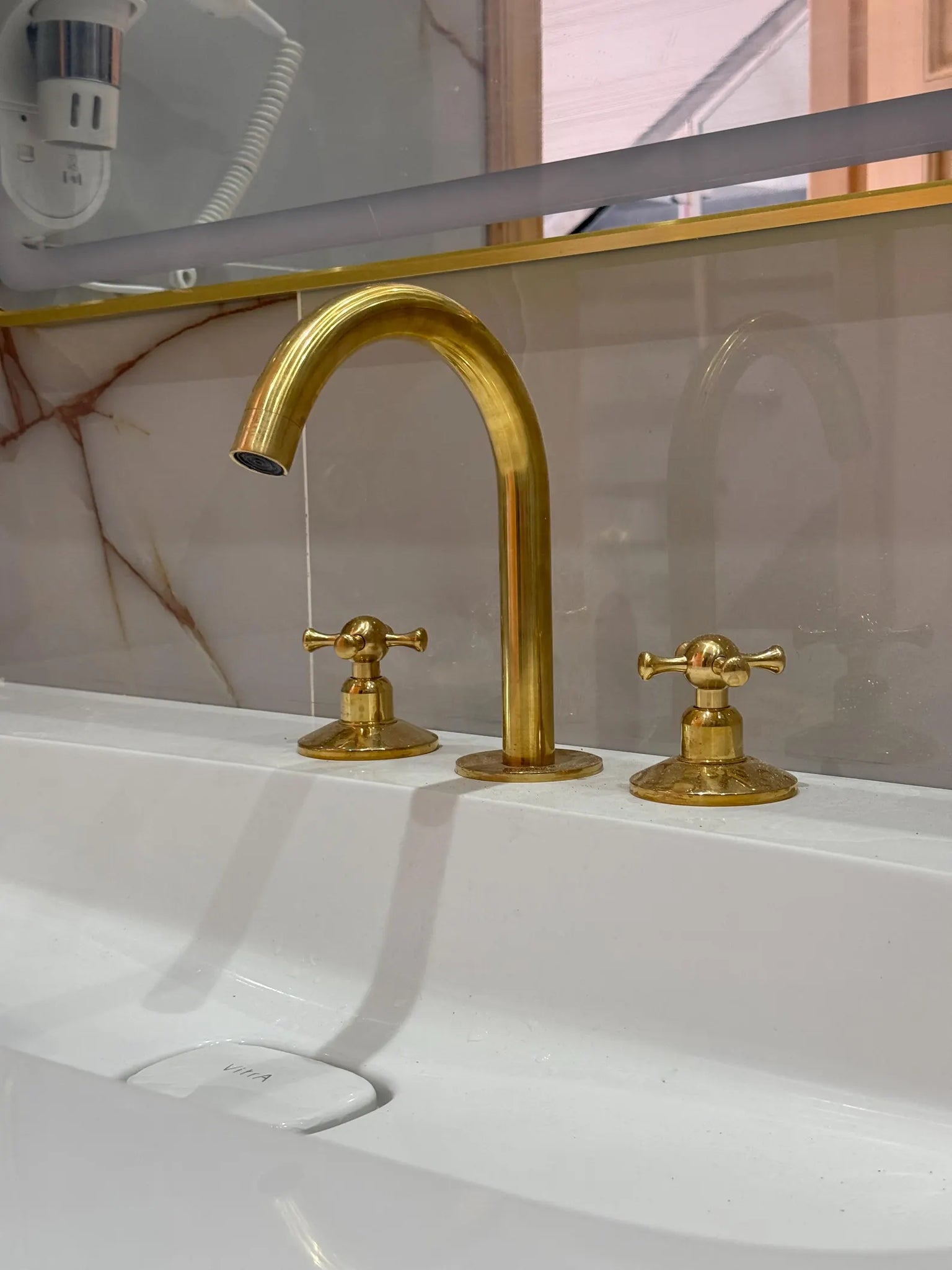Unlacquered Brass Widespread Mixer Faucet — 3-Hole Deck-Mount with Gooseneck Spout & Cross Handles #VFK254