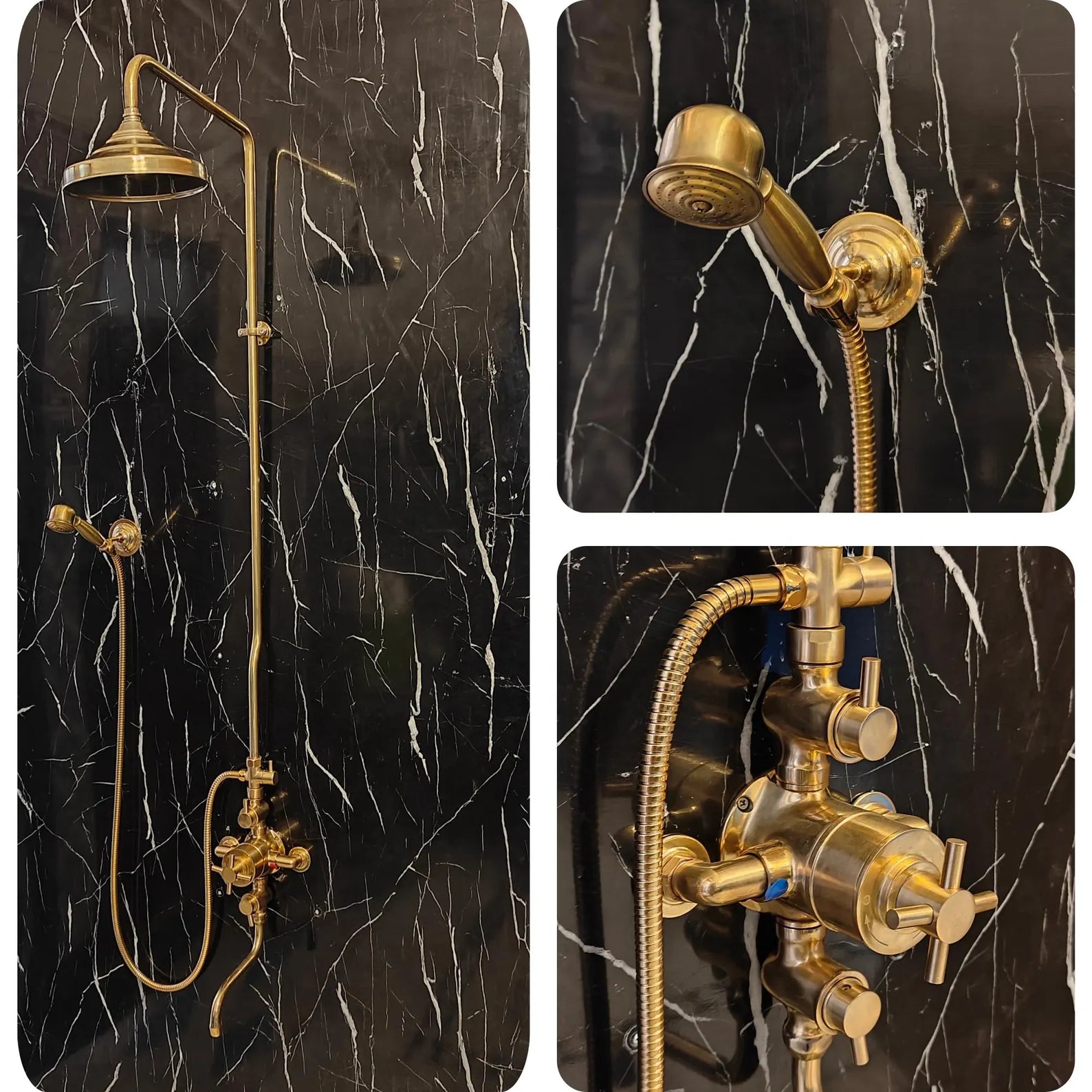 Unlacquered Solid Brass Thermostatic Exposed Shower System – Rainfall Head, Handheld Sprayer & Tub Filler | Patina-Ready Vintage Bath Fixture #VFK264