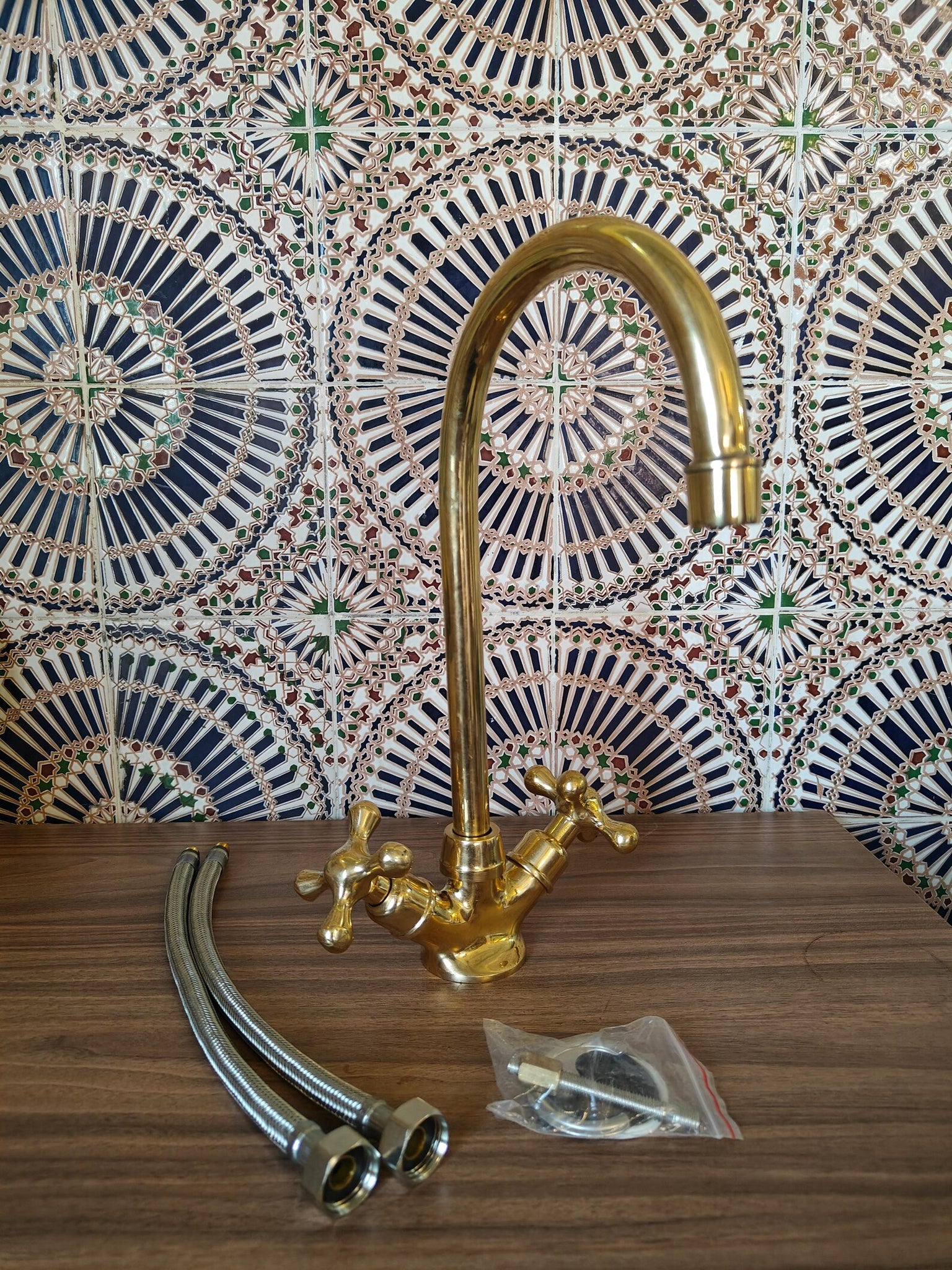 Unlacquered Solid Brass Kitchen Faucet – High-Arc Gooseneck, Cross Handles | Patina-Ready Single-Hole Monoblock Mixer #VFK267