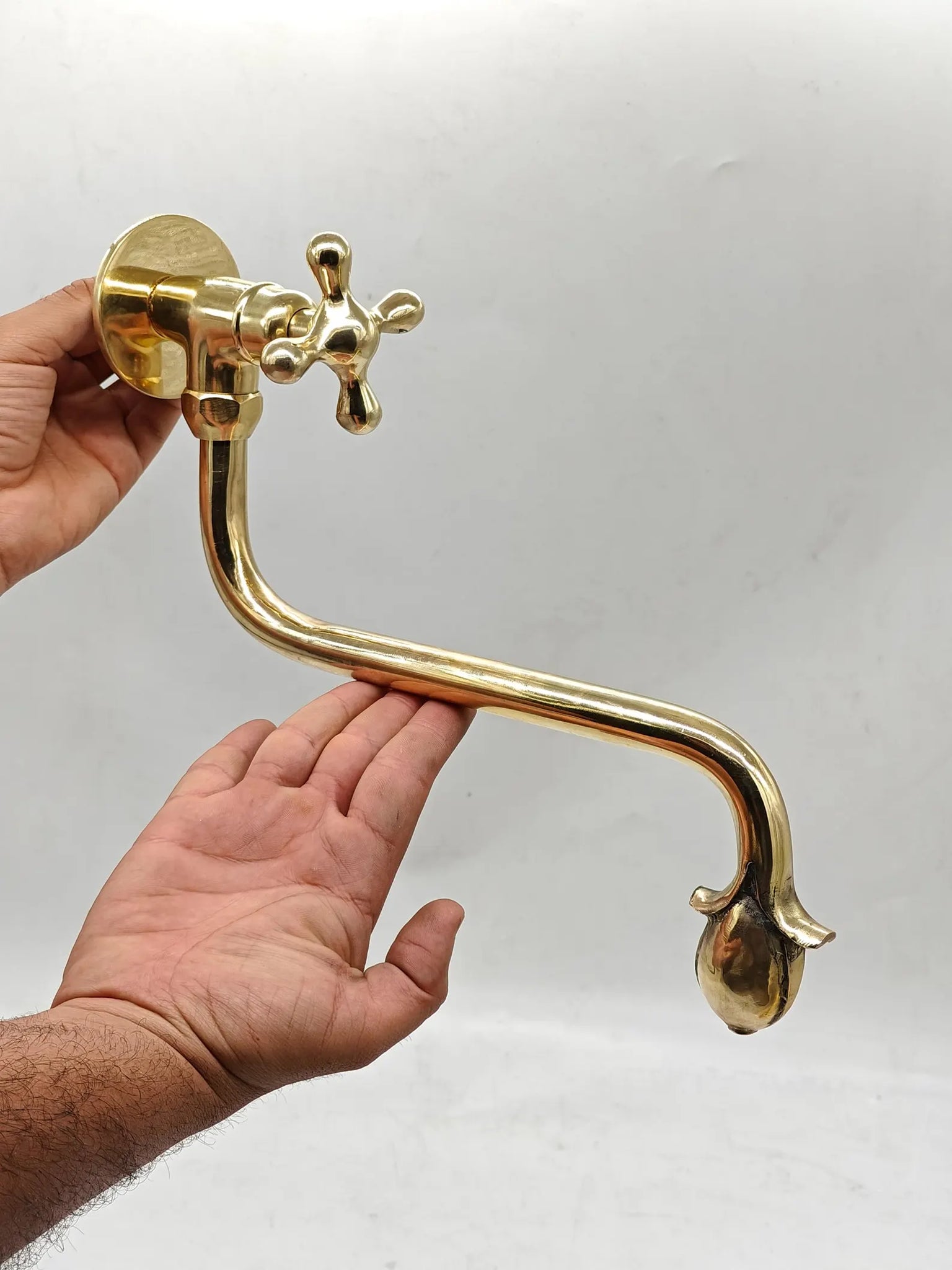 Unlacquered Solid Brass Wall-Mount Faucet – Long-Reach Tulip Spout & Cross Handle | Handmade Patina-Ready Vintage Sink Tap #VFK269