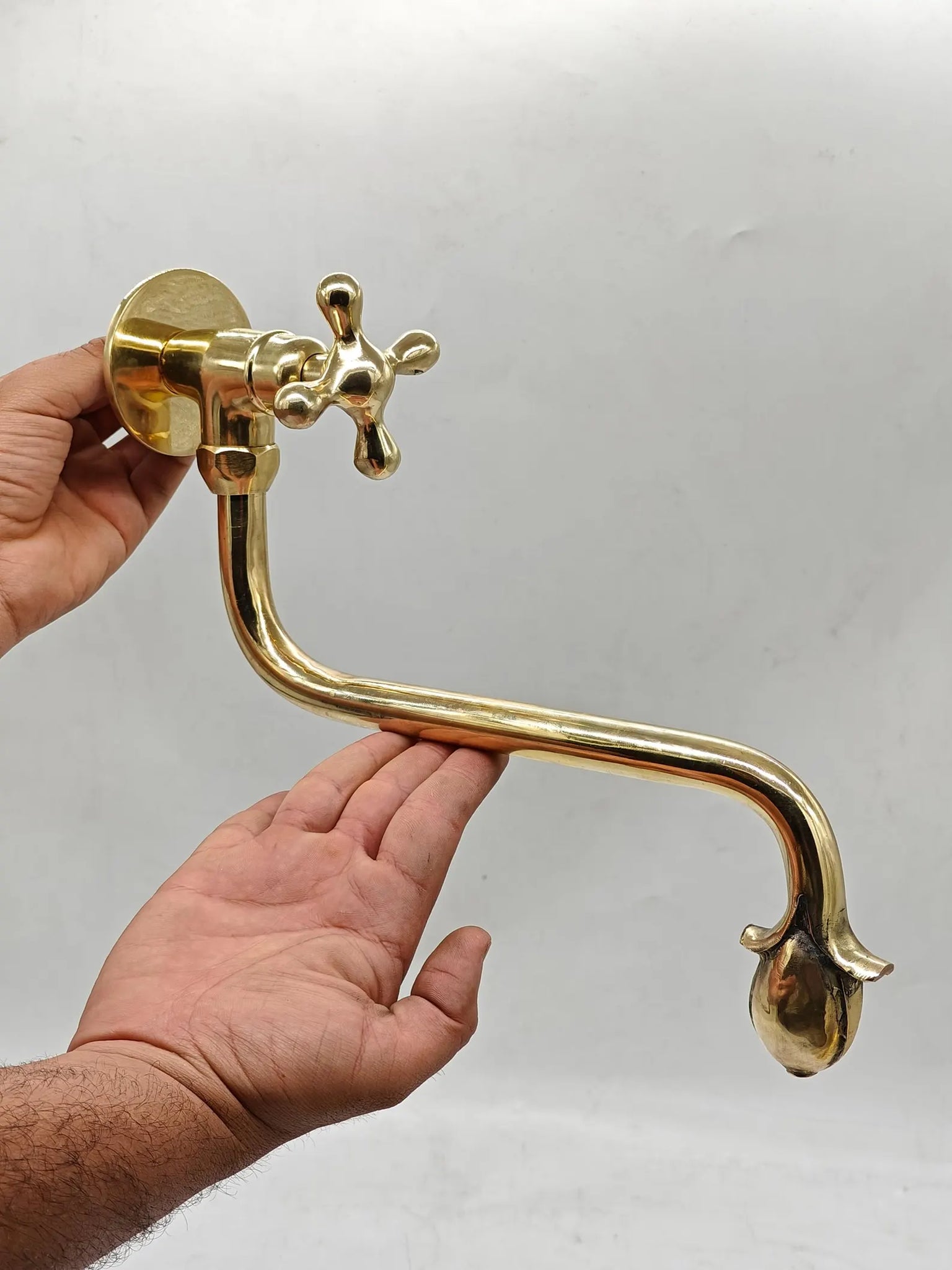 Unlacquered Solid Brass Wall-Mount Faucet – Long-Reach Tulip Spout & Cross Handle | Handmade Patina-Ready Vintage Sink Tap #VFK269