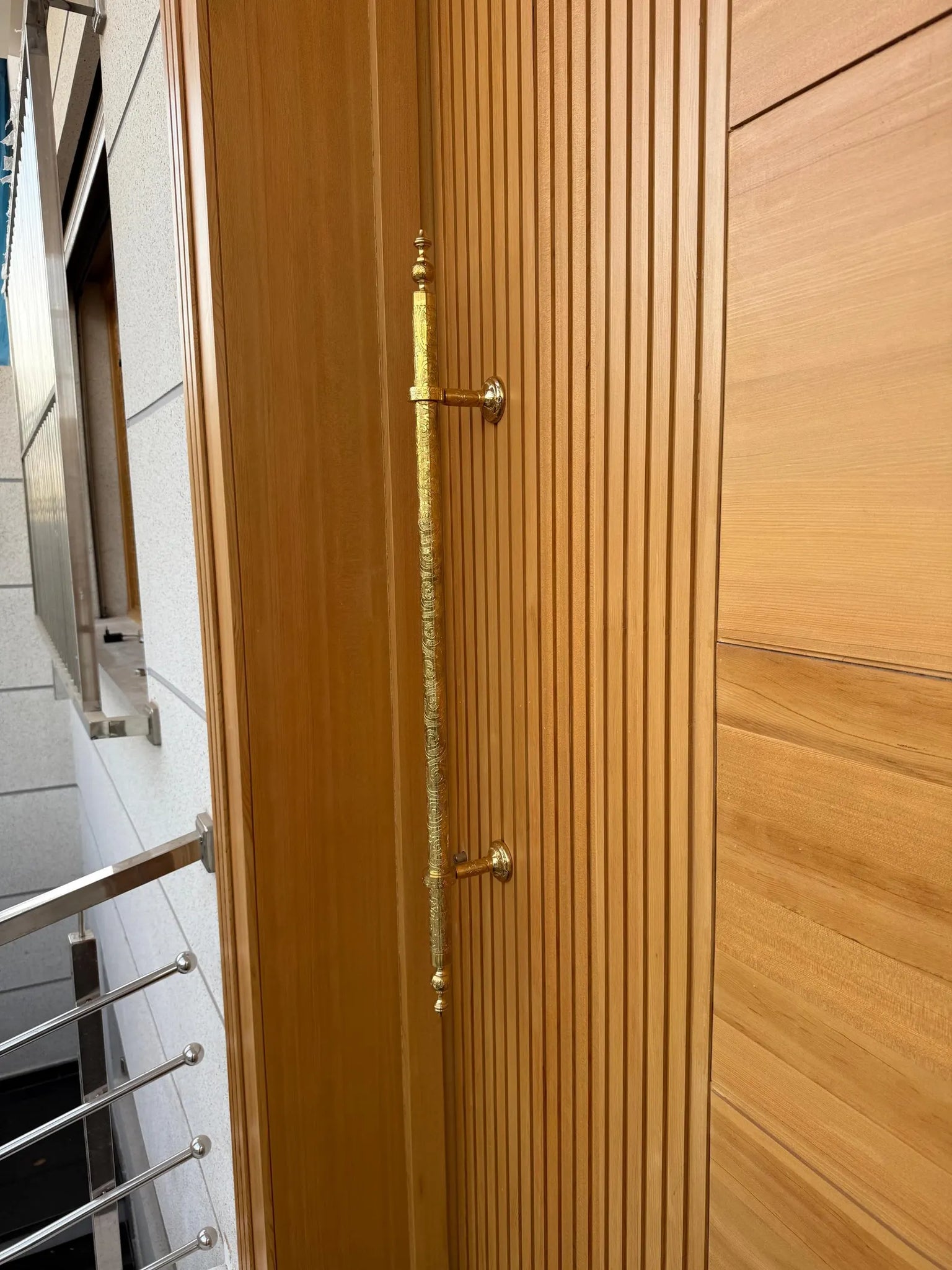 Hand-Engraved Unlacquered Brass Door Pull – Long Front or Entry Handle | Handmade Moroccan Solid Brass Hardware, Patina-Ready #VFK274