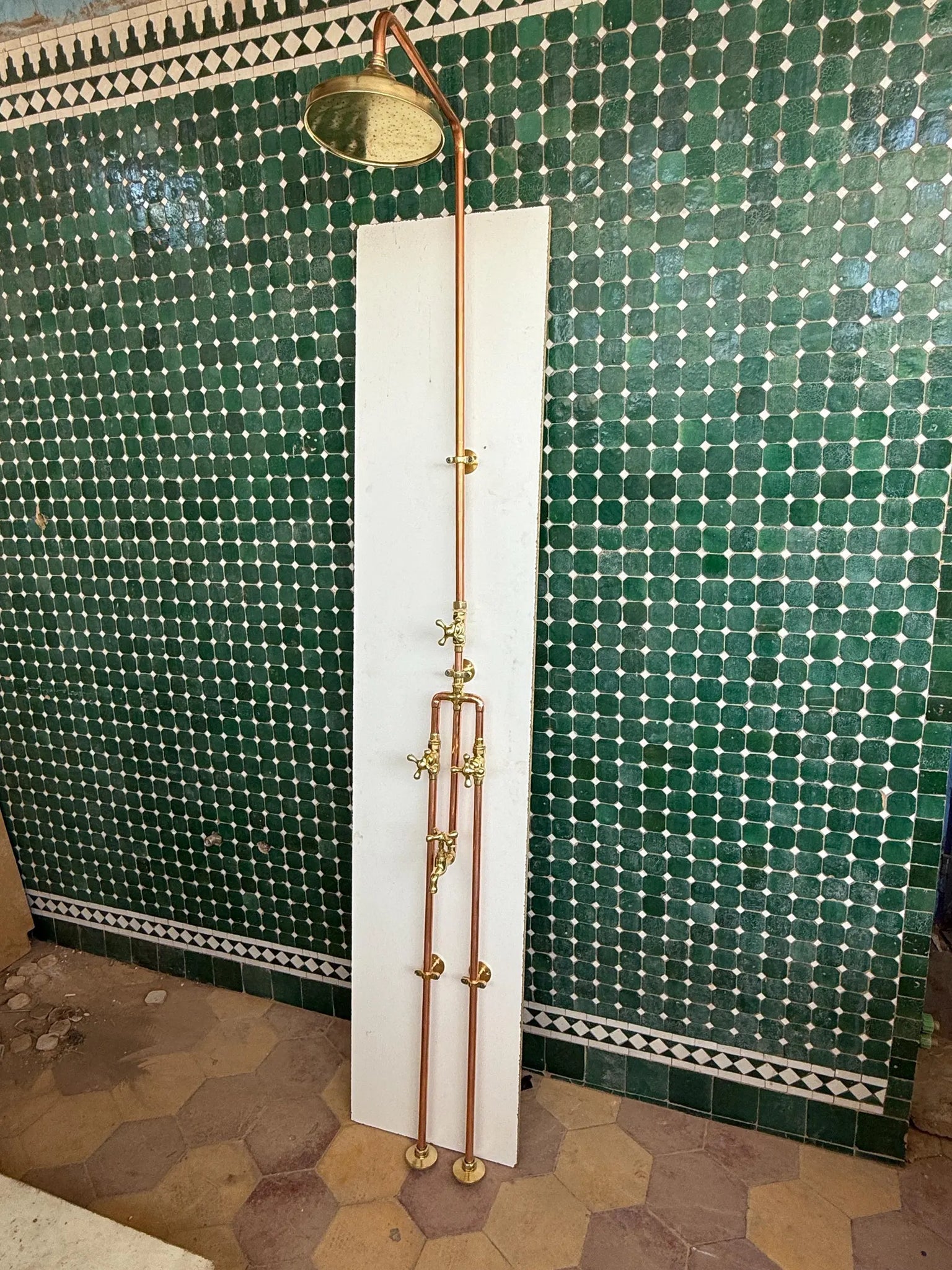 Exposed Copper & Unlacquered Brass Shower System – Handmade Rainfall Shower with Wall-Mount Brass Valves #VFK276