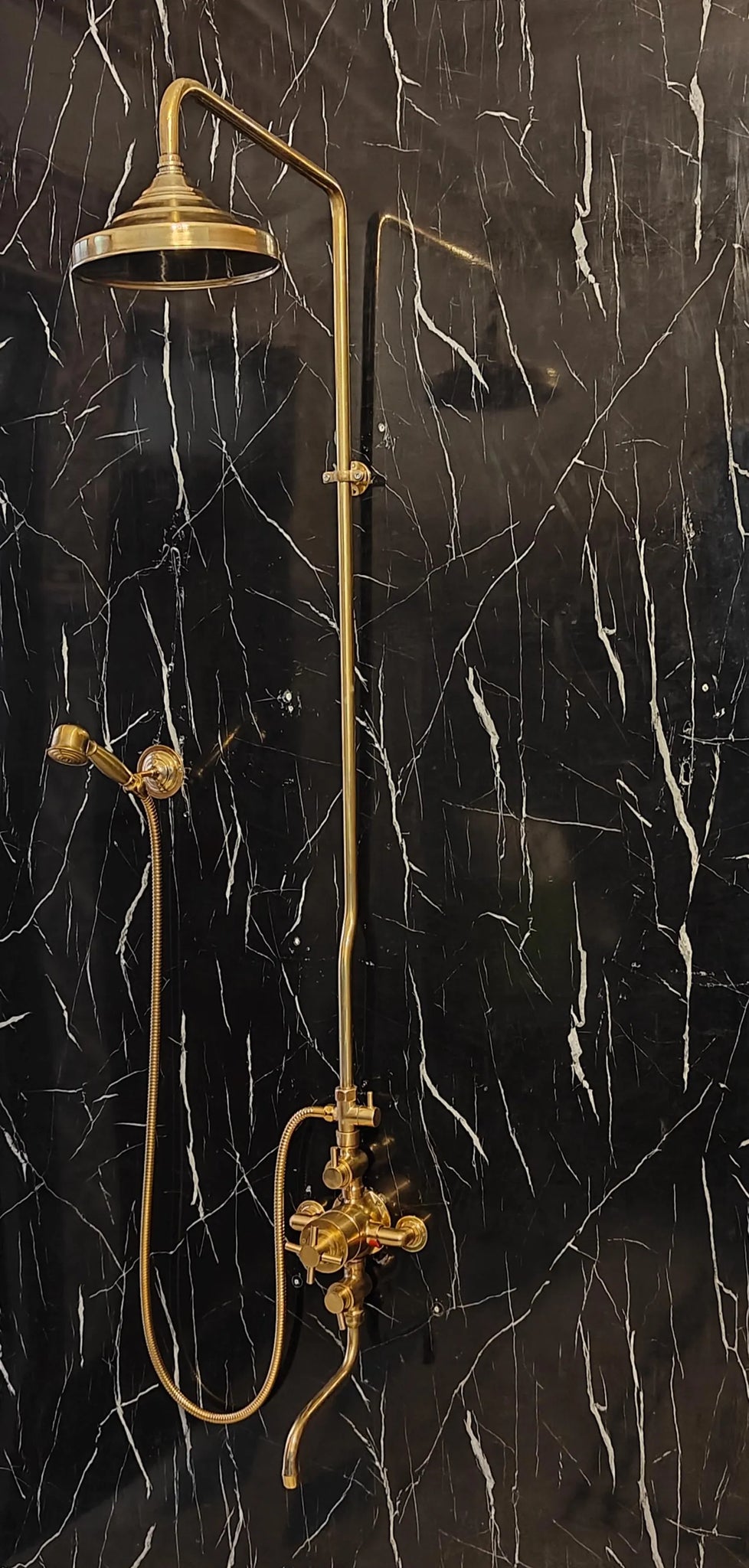 Unlacquered Solid Brass Thermostatic Exposed Shower System – Rainfall Head, Handheld Sprayer & Tub Filler | Patina-Ready Vintage Bath Fixture #VFK264
