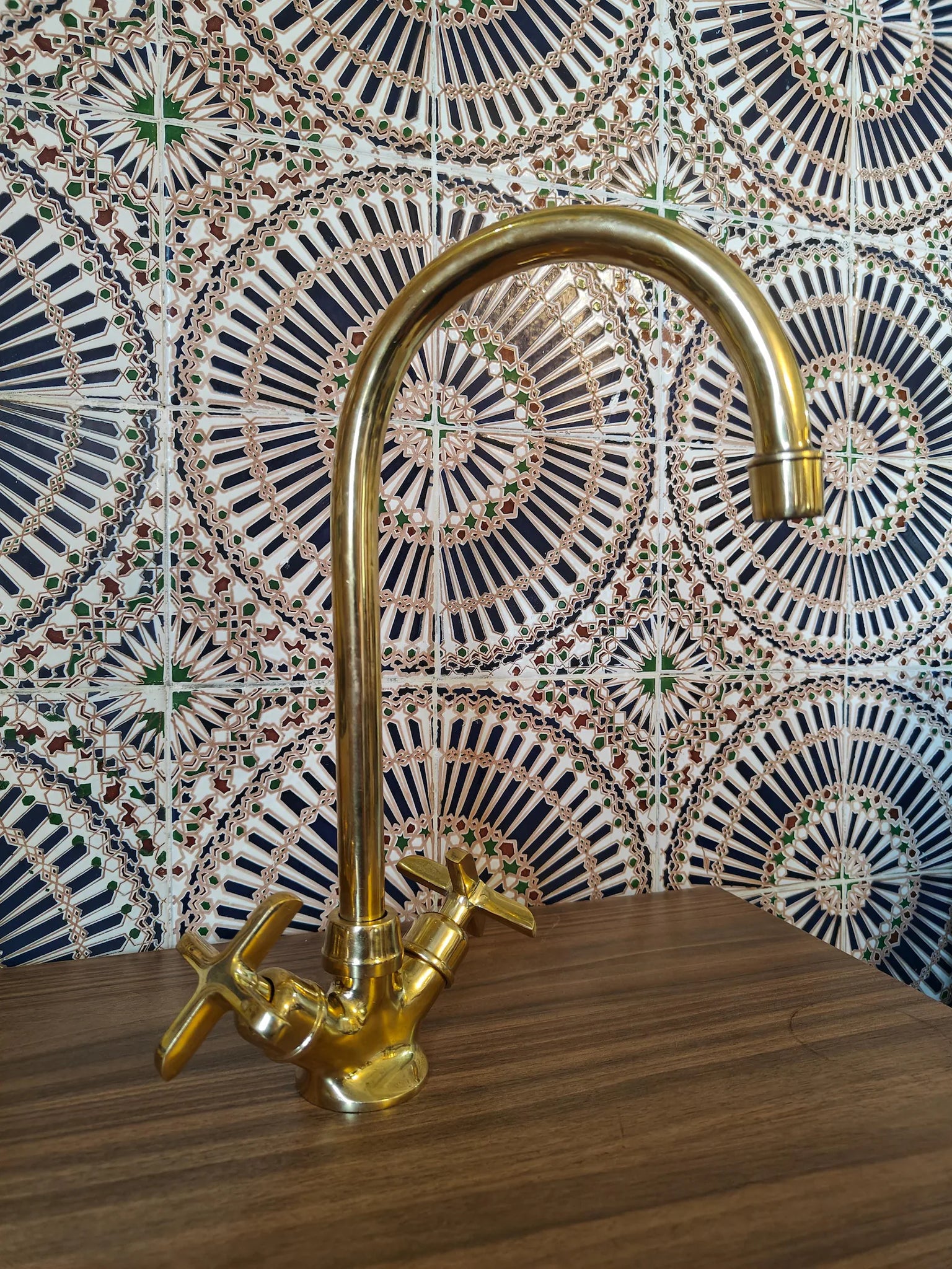 Unlacquered Solid Brass Kitchen Faucet – High-Arc Gooseneck, Cross Handles | Patina-Ready Single-Hole Monoblock Mixer #VFK267