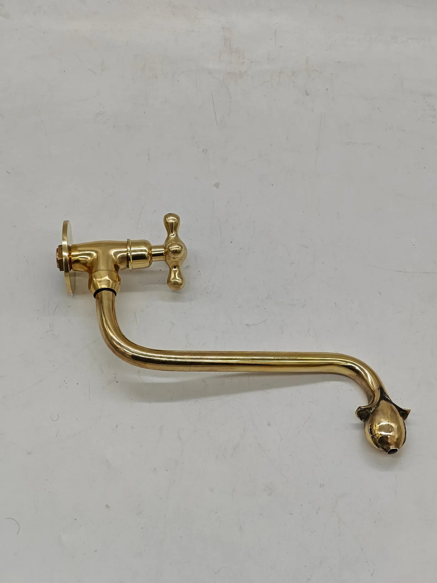 Unlacquered Solid Brass Wall-Mount Faucet – Long-Reach Tulip Spout & Cross Handle | Handmade Patina-Ready Vintage Sink Tap #VFK269