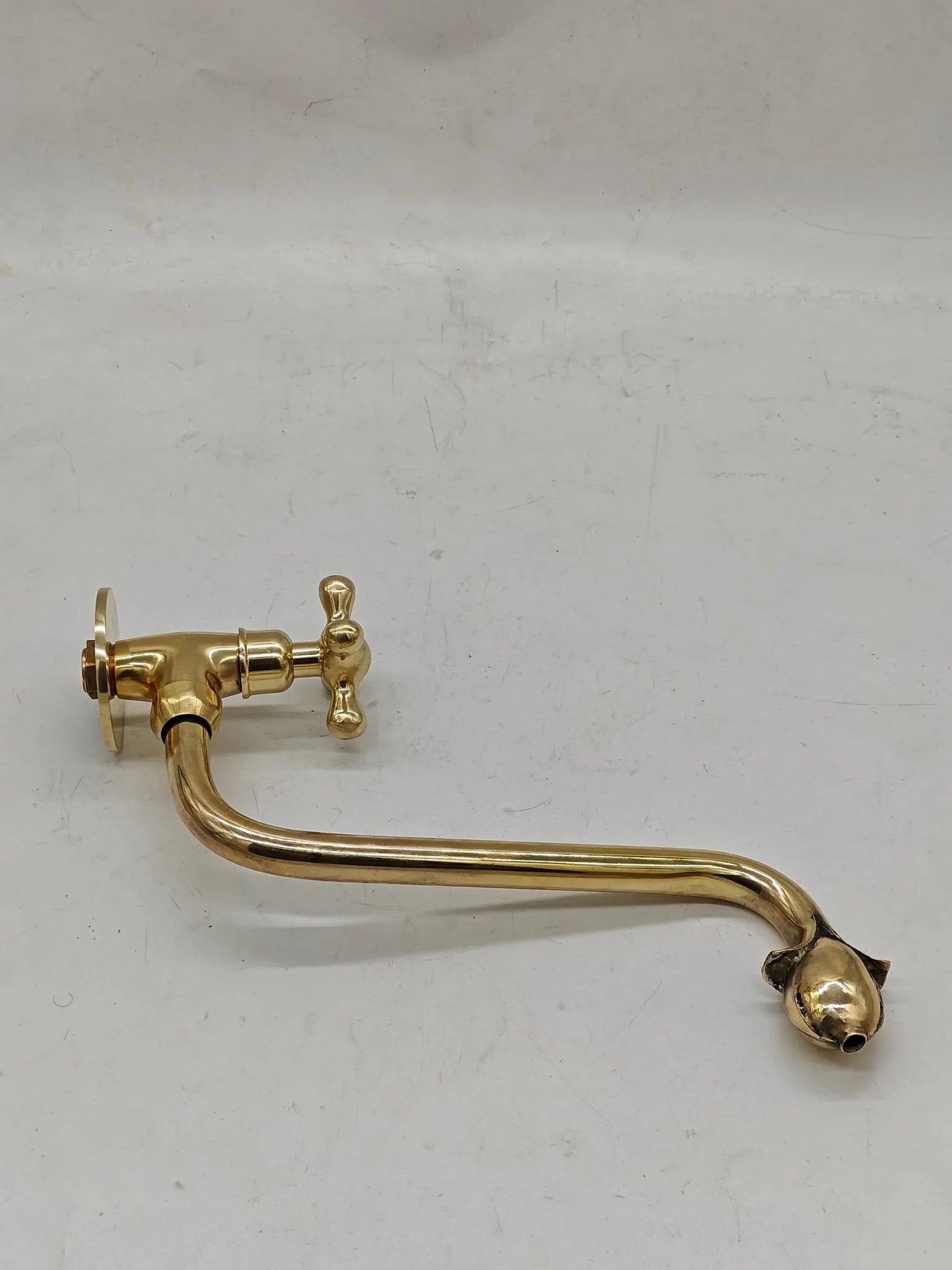 Unlacquered Solid Brass Wall-Mount Faucet – Long-Reach Tulip Spout & Cross Handle | Handmade Patina-Ready Vintage Sink Tap #VFK269