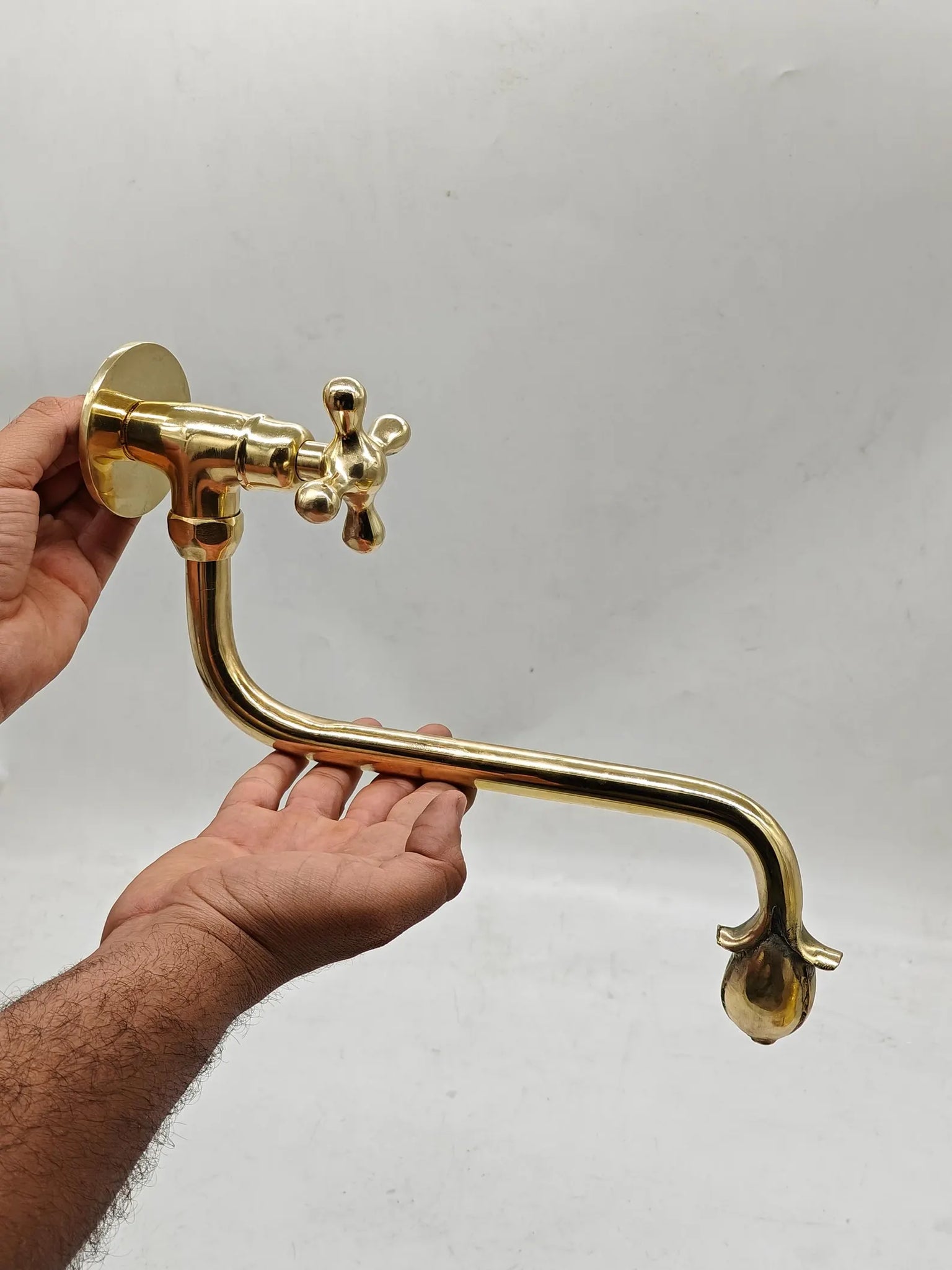 Unlacquered Solid Brass Wall-Mount Faucet – Long-Reach Tulip Spout & Cross Handle | Handmade Patina-Ready Vintage Sink Tap #VFK269