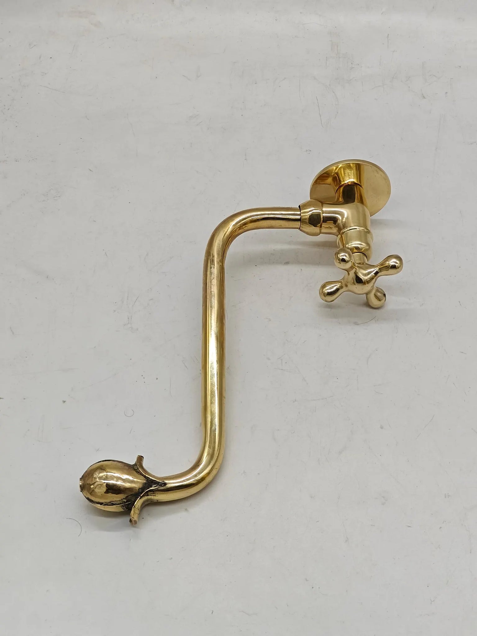Unlacquered Solid Brass Wall-Mount Faucet – Long-Reach Tulip Spout & Cross Handle | Handmade Patina-Ready Vintage Sink Tap #VFK269