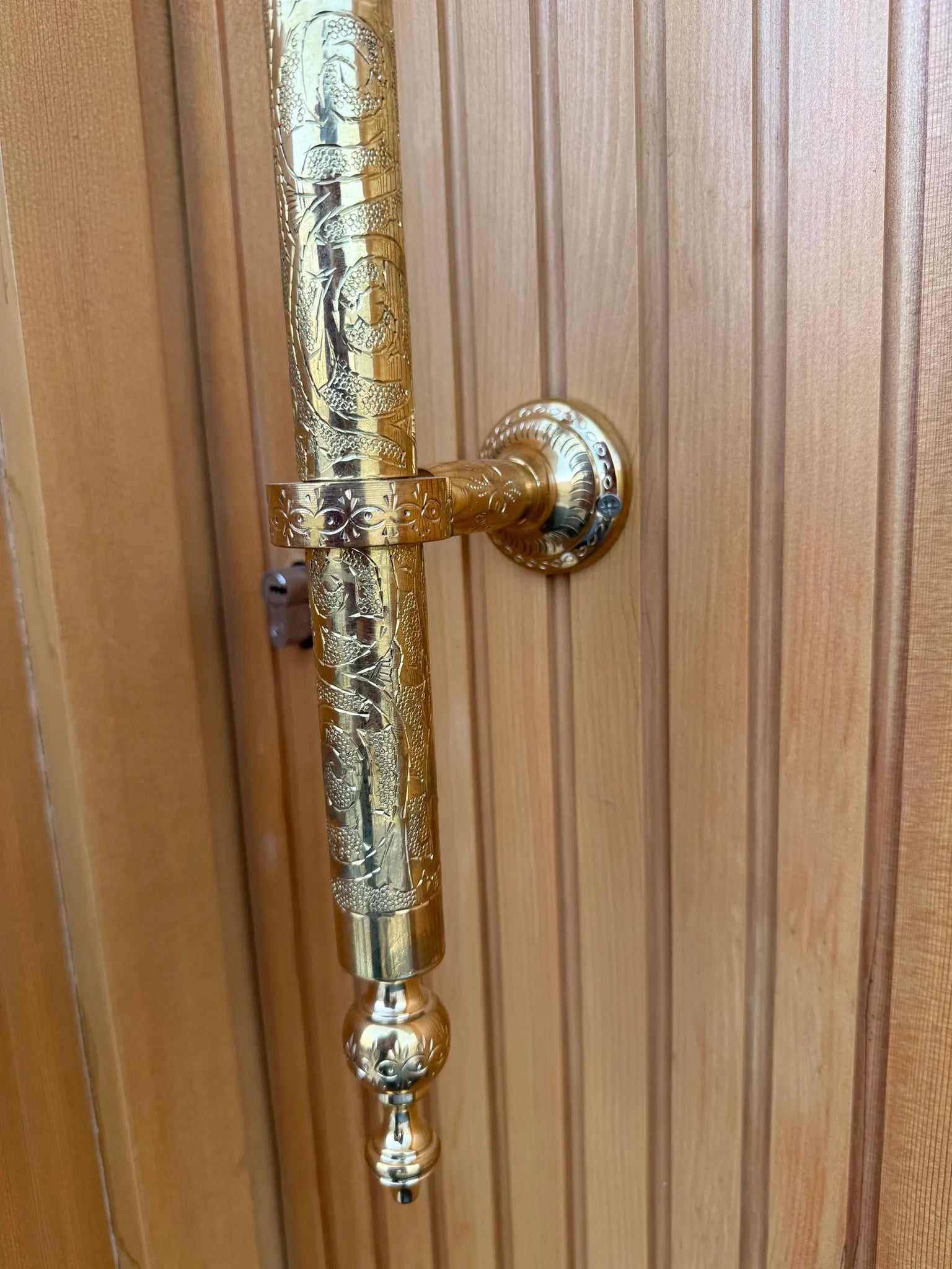 Hand-Engraved Unlacquered Brass Door Pull – Long Front or Entry Handle | Handmade Moroccan Solid Brass Hardware, Patina-Ready #VFK274