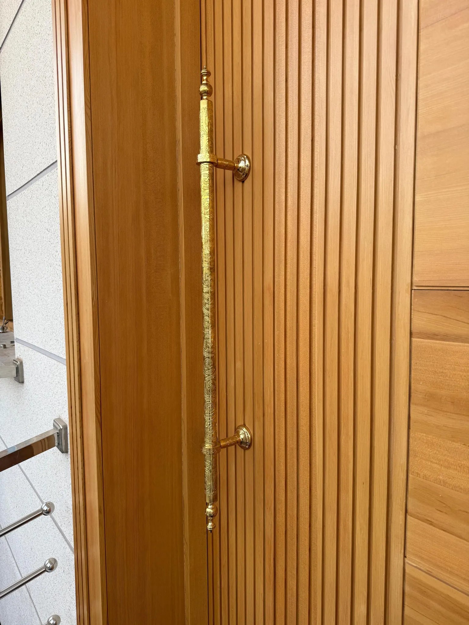 Hand-Engraved Unlacquered Brass Door Pull – Long Front or Entry Handle | Handmade Moroccan Solid Brass Hardware, Patina-Ready #VFK274