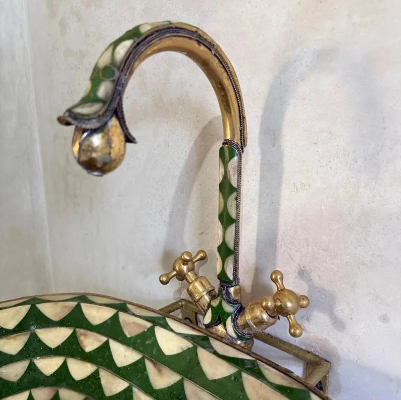 Unlacquered Brass Bathroom Faucet with Green Resin & Bone Accents #VFK052