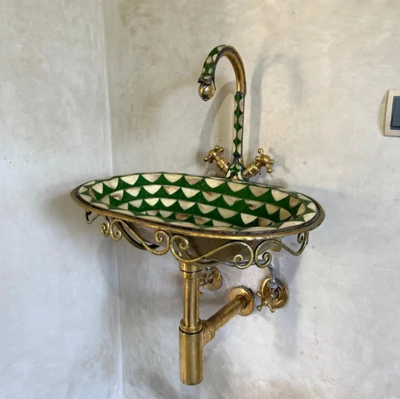 Unlacquered Brass Bathroom Faucet with Green Resin & Bone Accents #VFK052