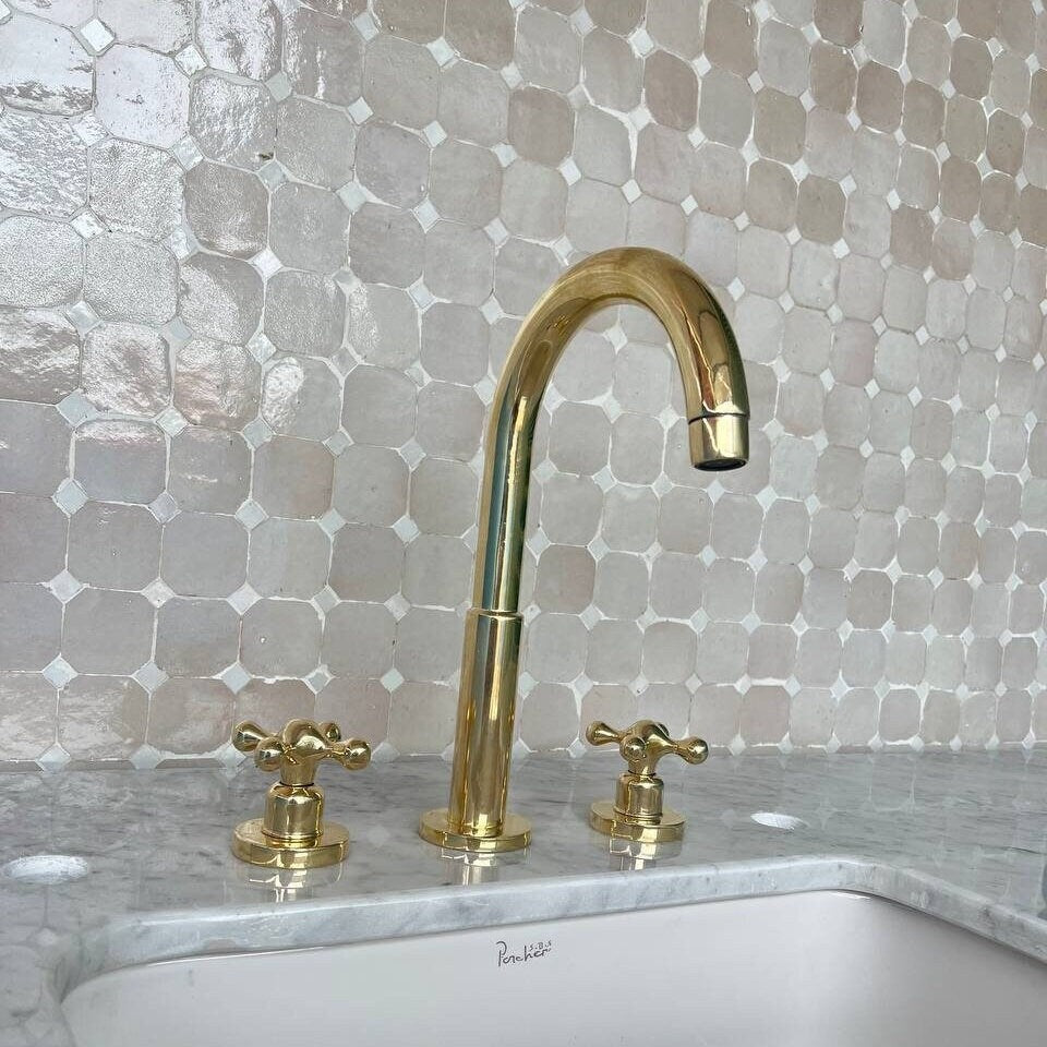Widespread Bathroom Faucet in unlacquered Brass, Vintage Faucet Handles