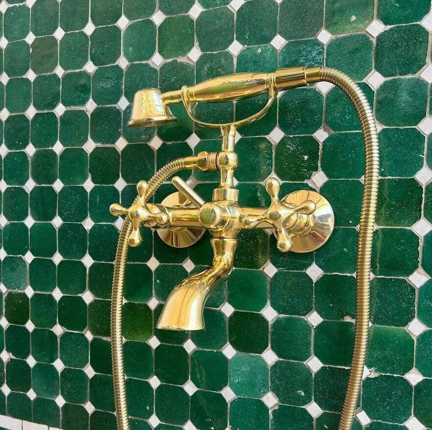Vintage Clowfoot Tub Wall Mount in Unlacquered Brass - Vintage Tub Filler for bathroom with handshower .