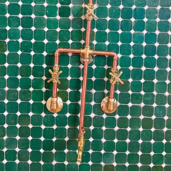 Vintage Copper and Shower System. Indoor and outdoor Copper shower system with Round shower head