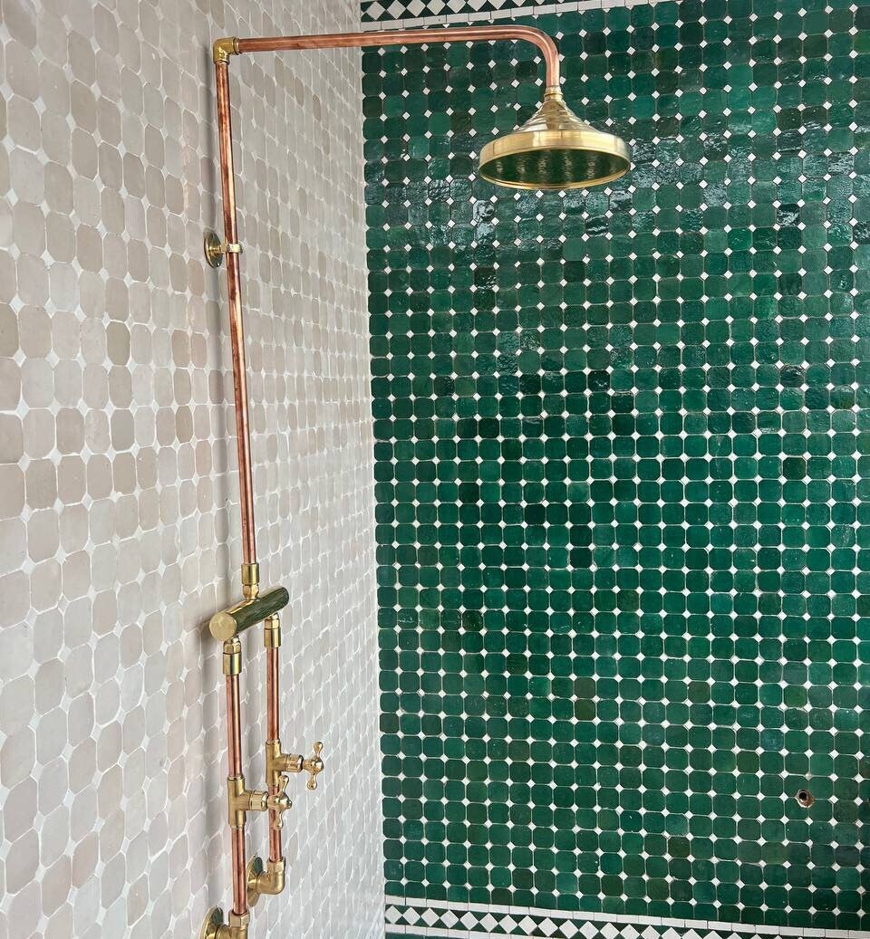 Antique Copper Outdoor Shower. Indoor and Outdoor Rustic Shower system With Round shower head
