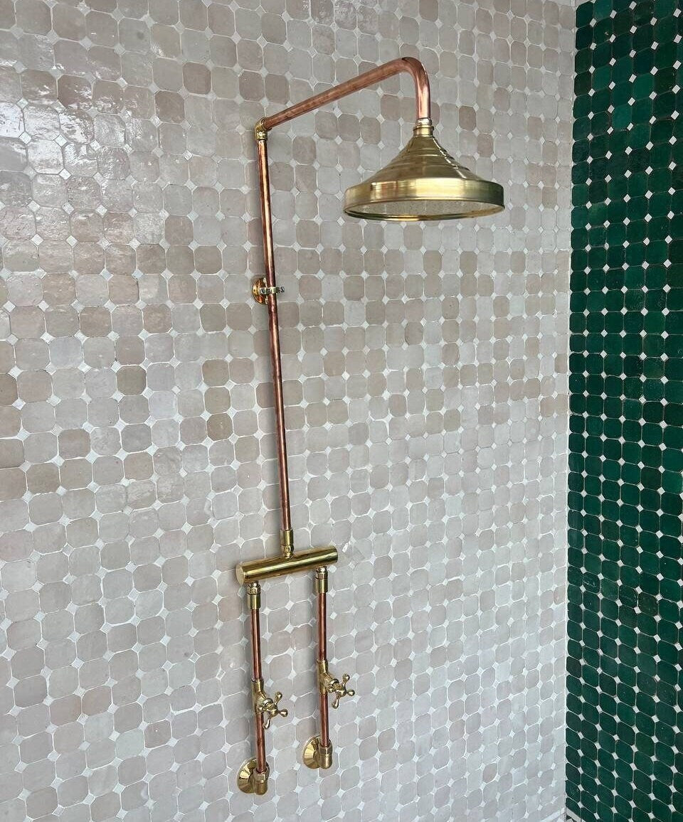 Antique Copper Outdoor Shower. Indoor and Outdoor Rustic Shower system With Round shower head