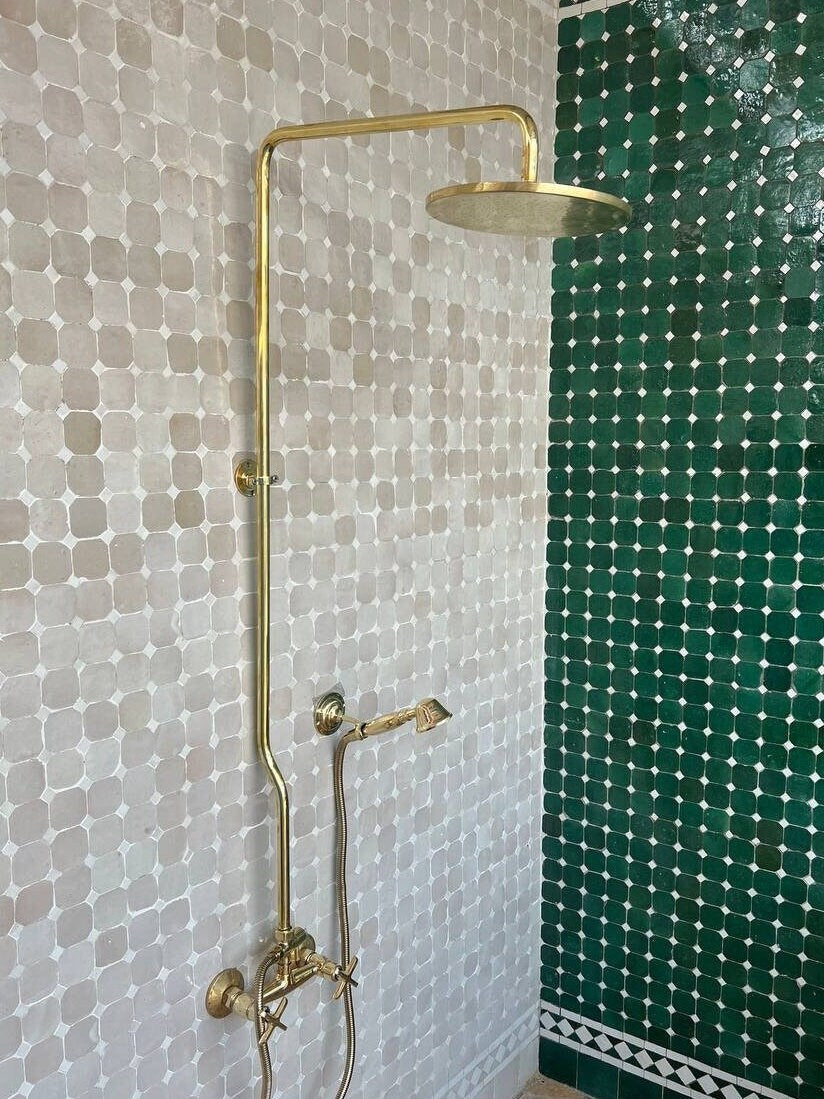 Unlacquered Brass Shower System with Hand Shower, Round Shower Head with High Pressure