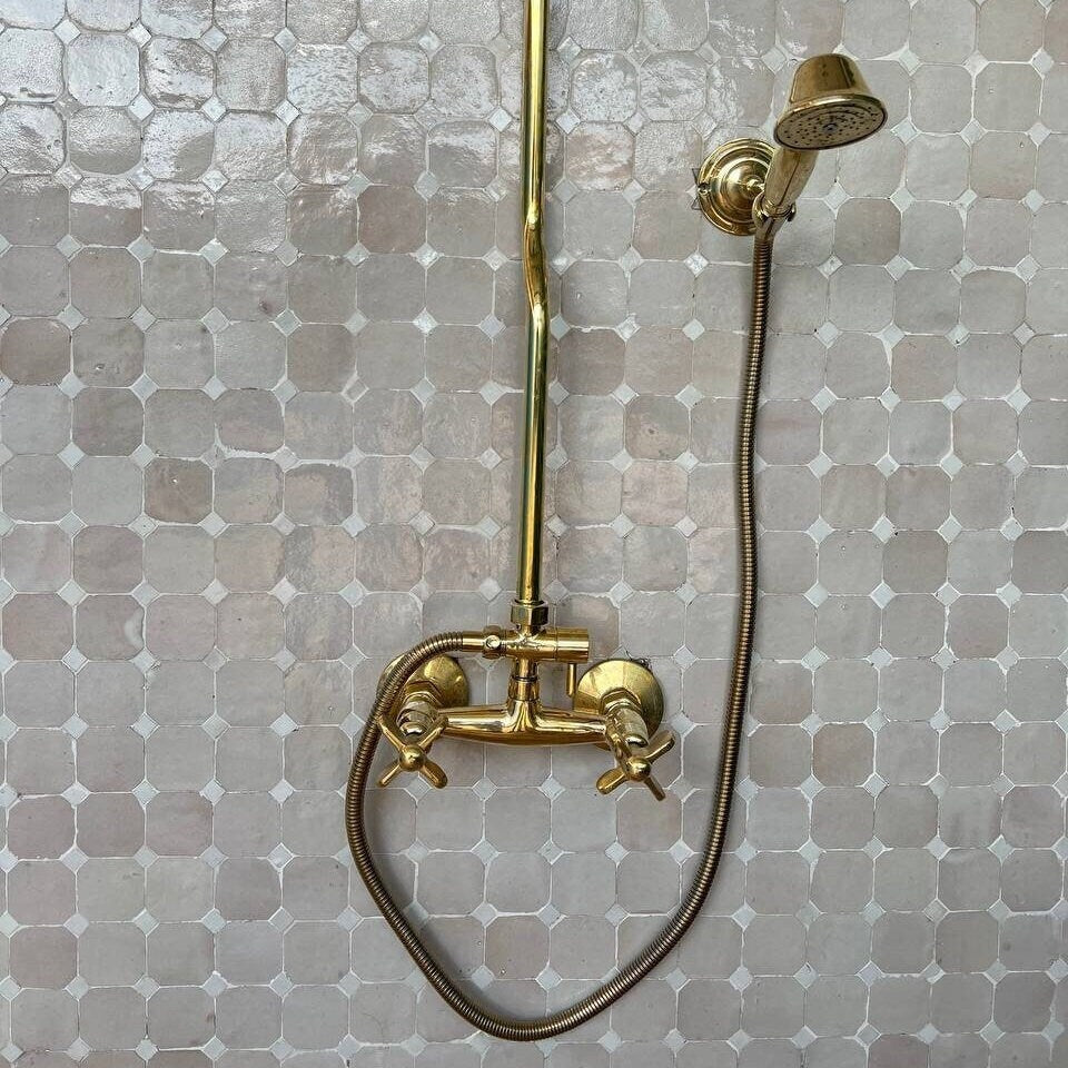 Unlacquered Brass Shower System with Hand Shower, Round Shower Head with High Pressure