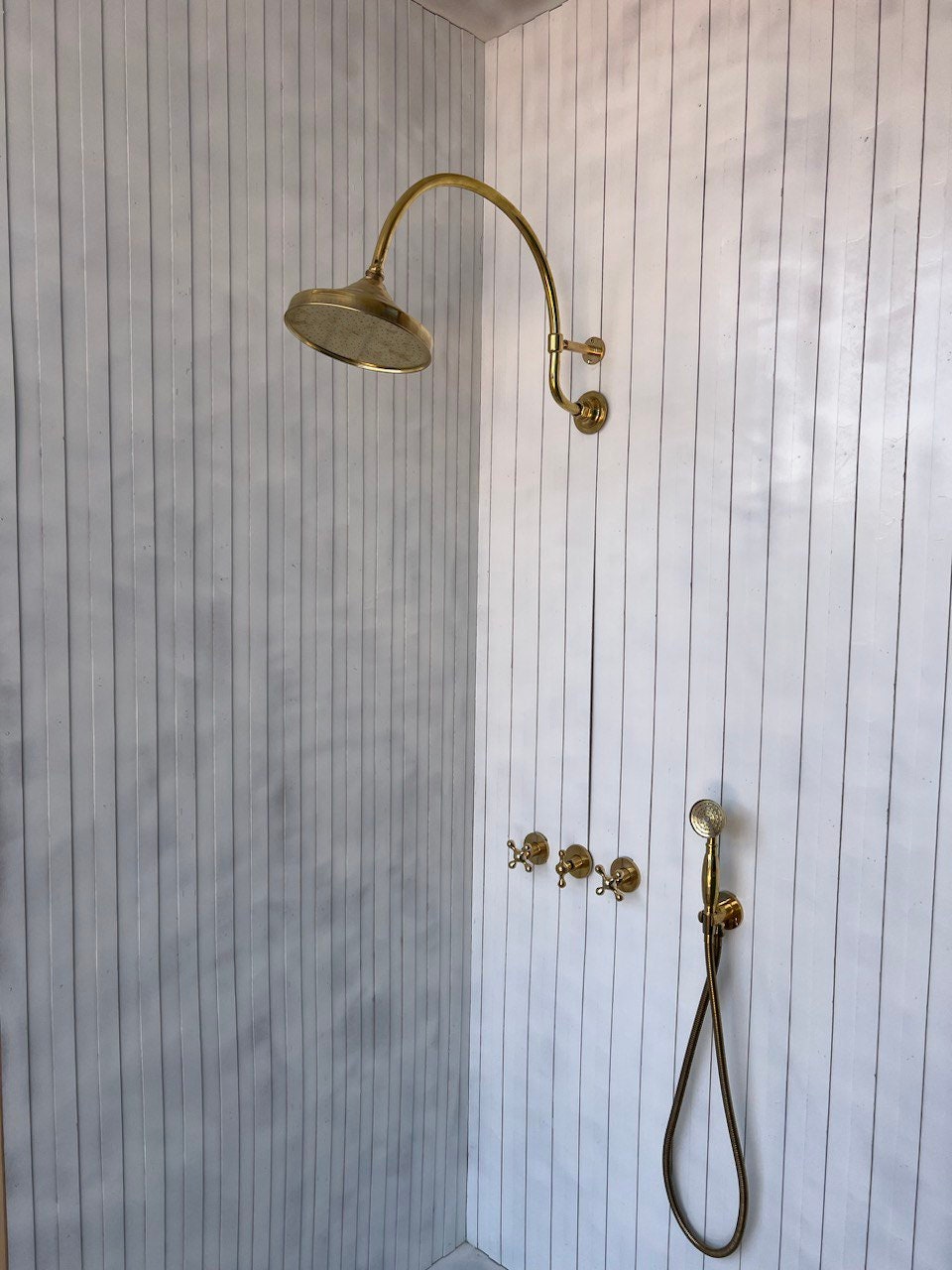 Unlacquered Brass Shower Set, Vintage Brass Shower With Handheld Shower & Shower Head