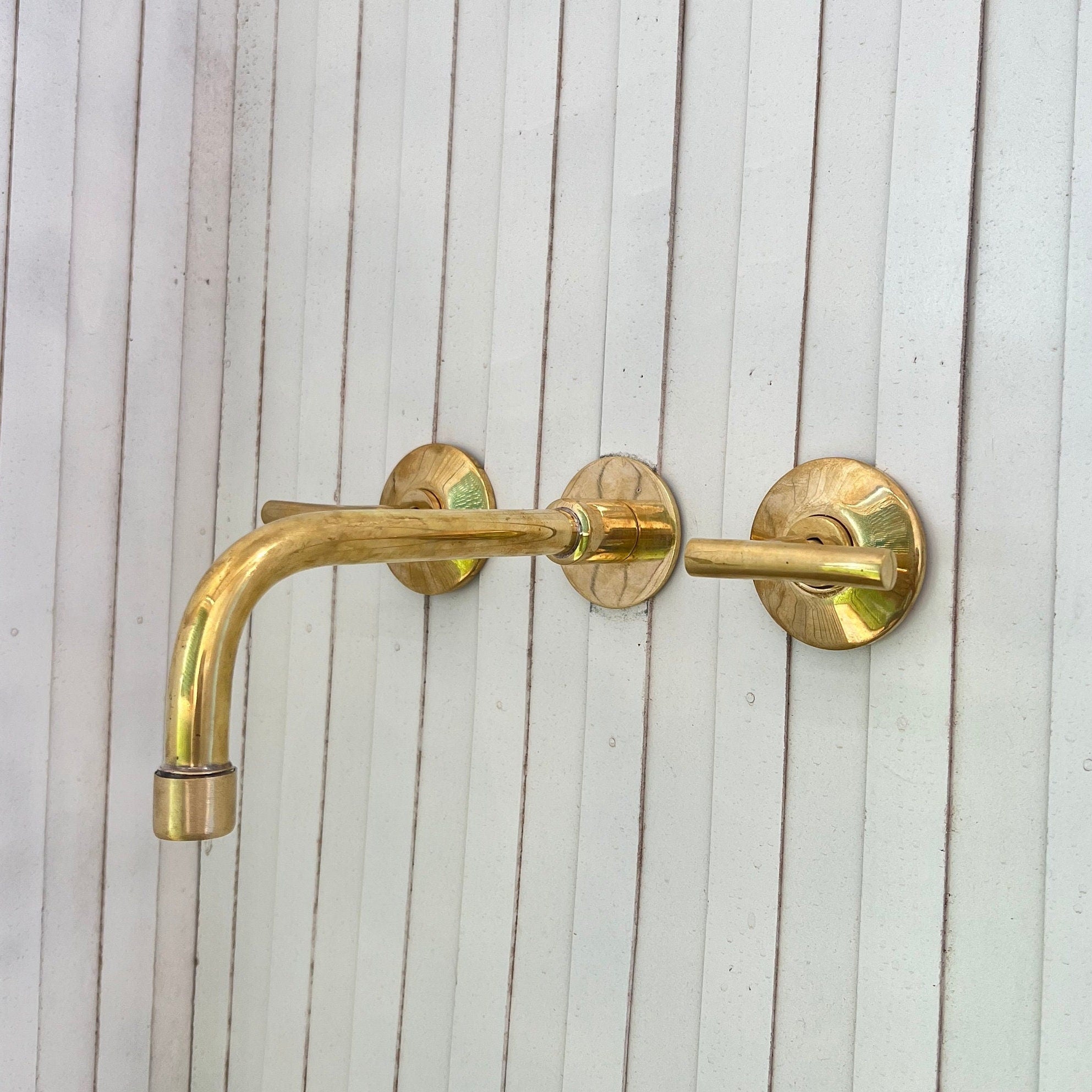 Wall Bathroom Faucet With Lever Handles in Unlacquered Brass - Gold Bathroom Faucet