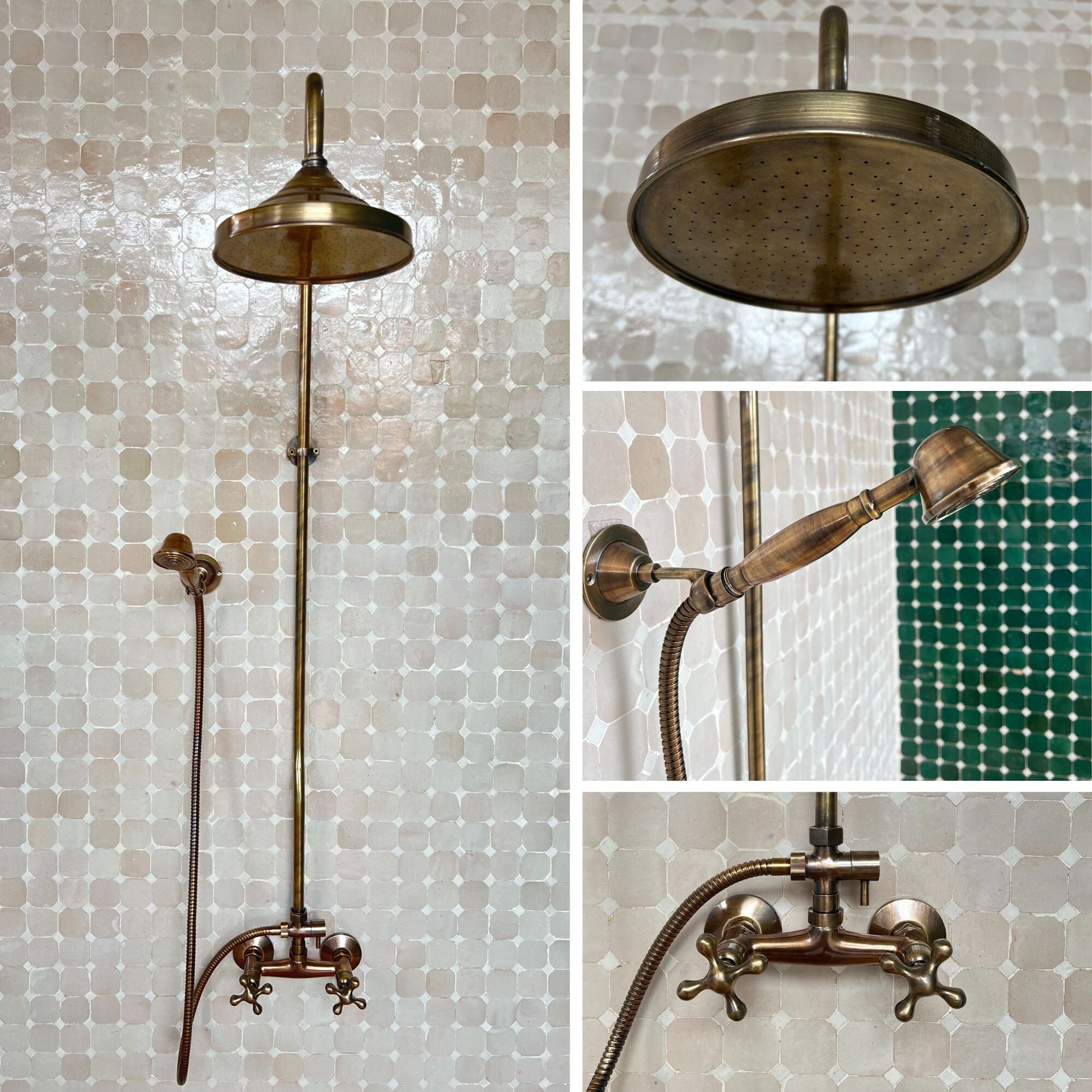 Système de douche en bronze antique, pomme de douche ronde à haute pression - Laiton massif