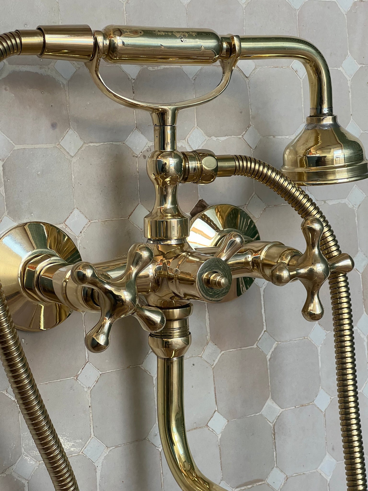 Unlacquered Brass Bathtub Faucet, Vintage Tub Filler for bathroom with sprayer