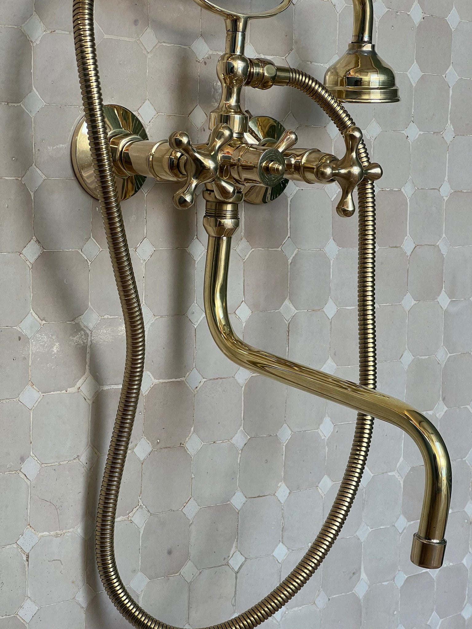 Unlacquered Brass Bathtub Faucet, Vintage Tub Filler for bathroom with sprayer