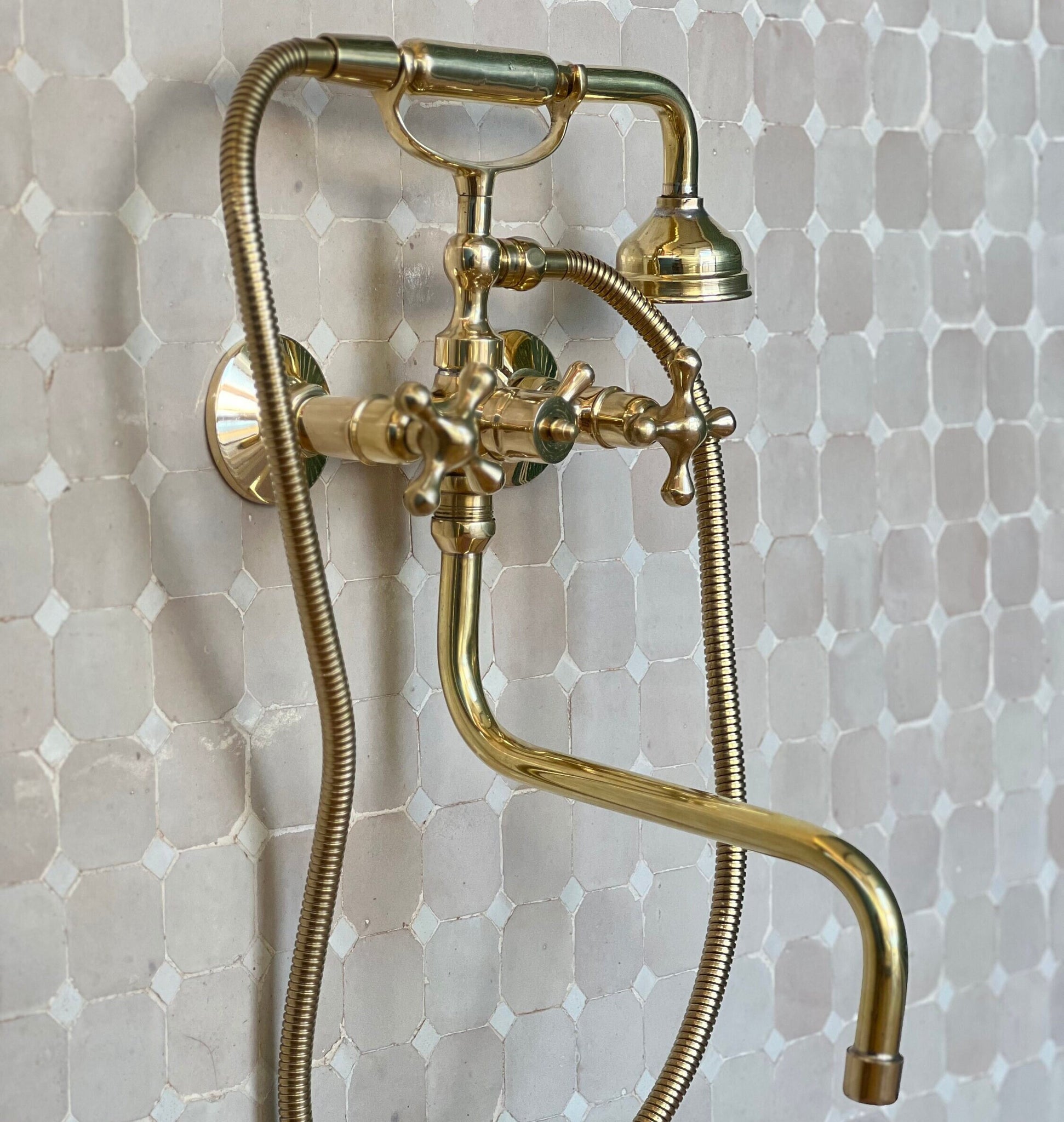 Unlacquered Brass Bathtub Faucet, Vintage Tub Filler for bathroom with sprayer