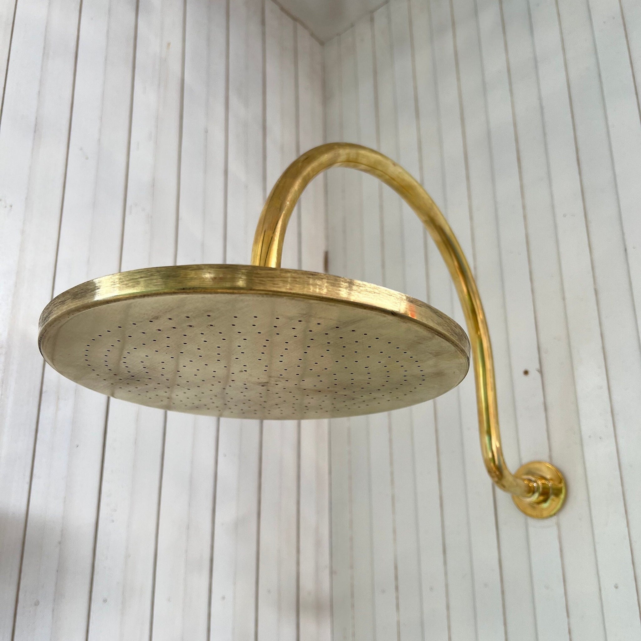 Handcrafted Solid Brass Shower Head And handheld Set, Unlacquered Brass Rain Shower Set With Curved Arm