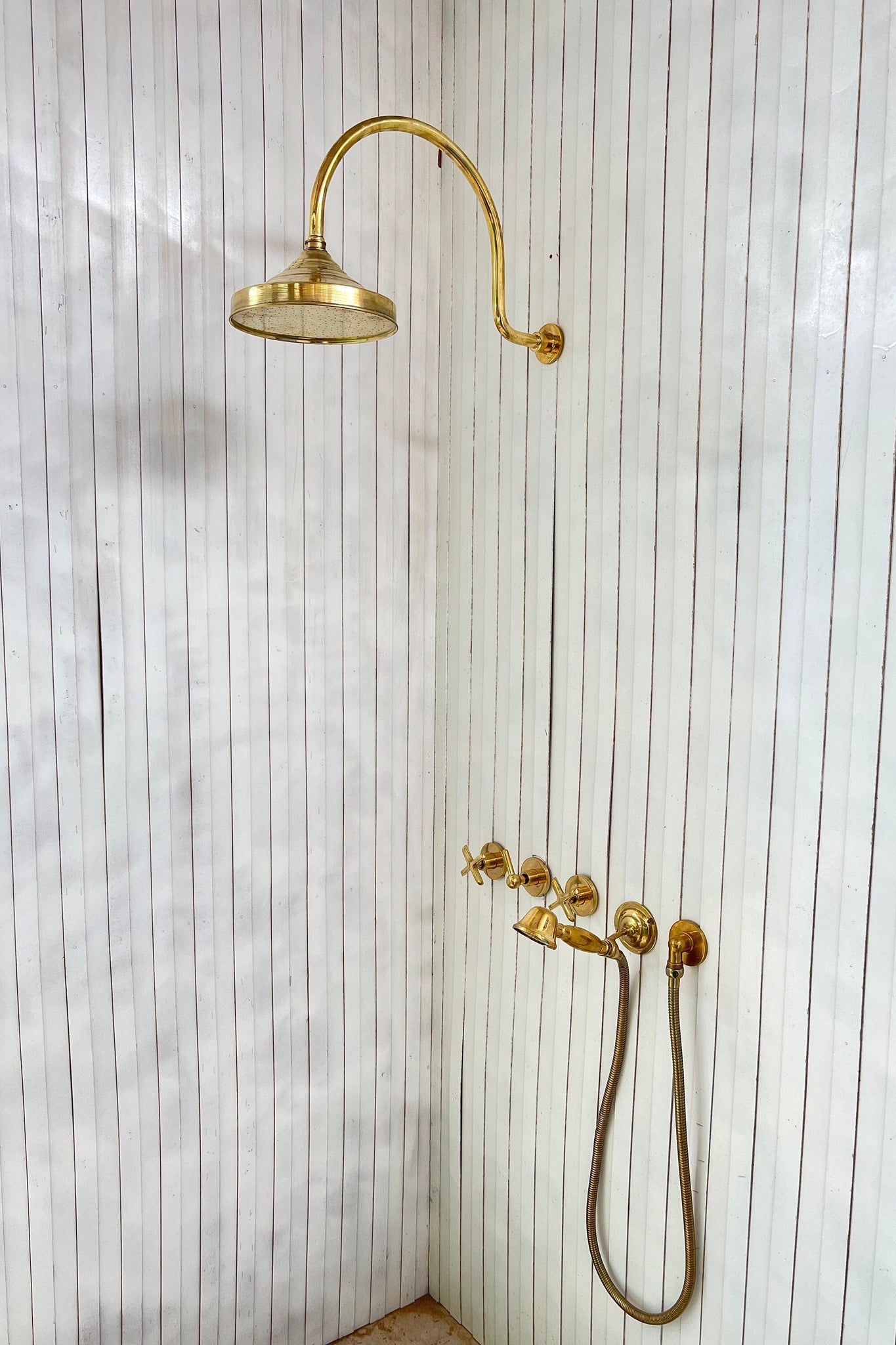 Handcrafted Solid Brass Shower Head And handheld Set, Unlacquered Brass Rain Shower Set With Curved Arm