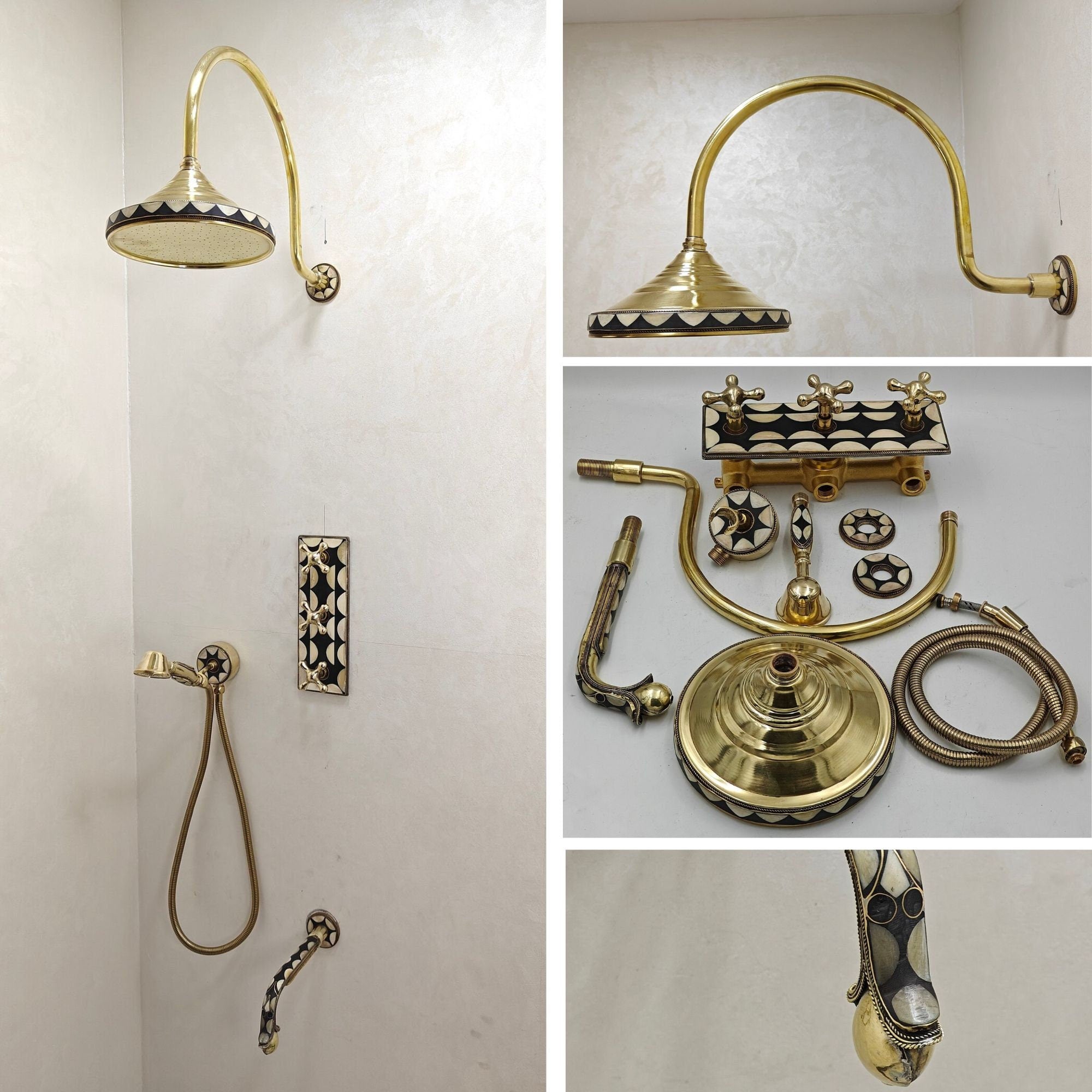 Unlacquered Brass Shower System, Resin And Bone Conception, Wall Mount Straight Tub Filler With Hand Shower