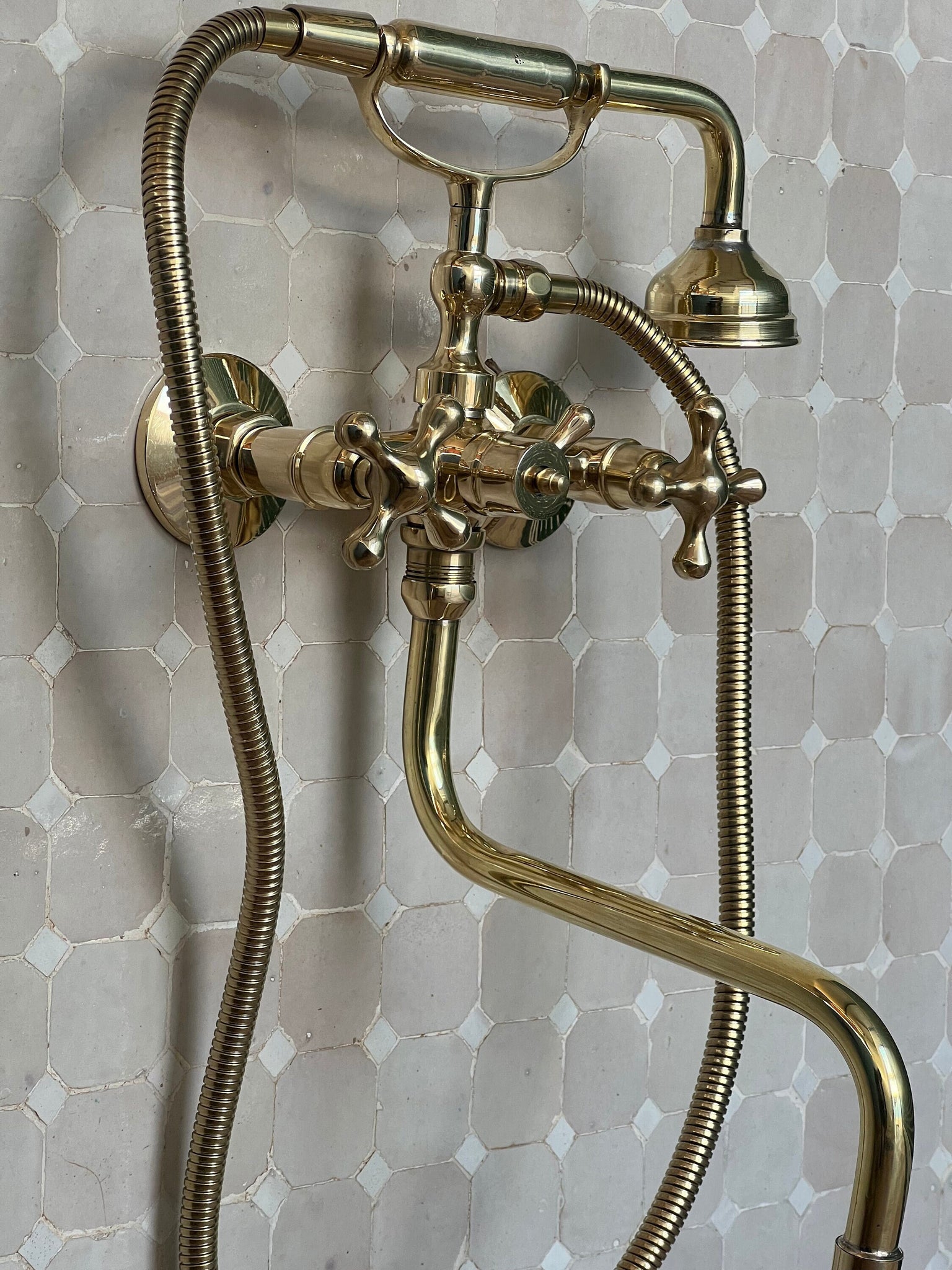 Unlacquered Brass Bathtub Faucet, Vintage Tub Filler for bathroom with sprayer