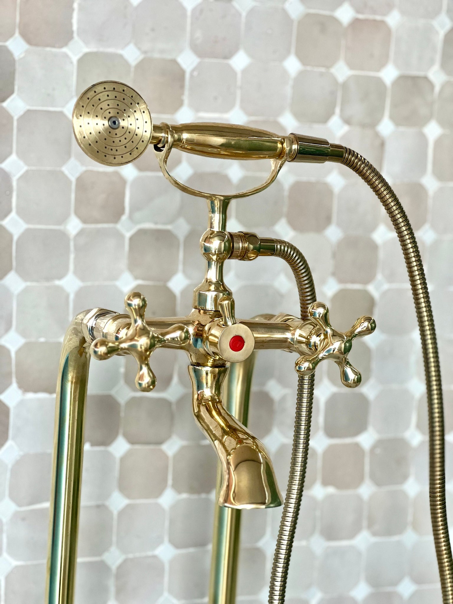 Unlacquered Brass Freestanding Tub Filler With Hand Held, Solid Brass Faucet