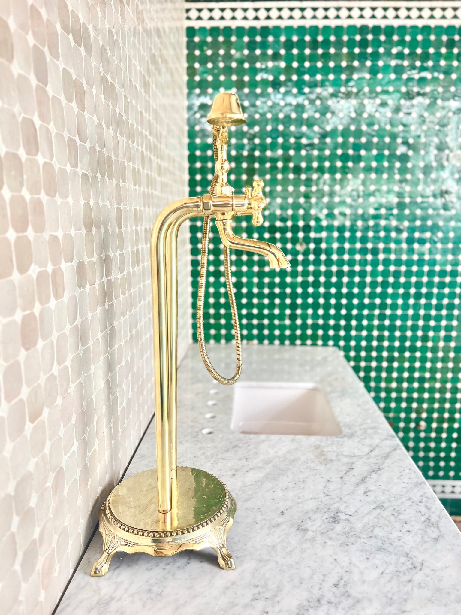 Unlacquered Brass Freestanding Tub Filler With Hand Held, Solid Brass Faucet