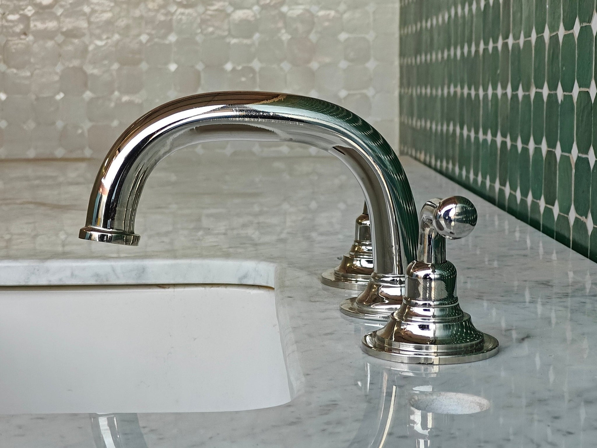Unlacquered Brass Deck Mounted Sink Faucet, Widespread Lavatory Faucet Sink, Nickel Finish