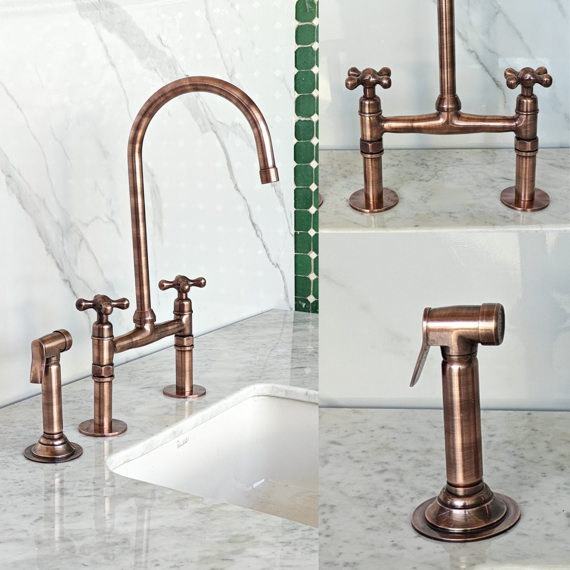 Unlacquered Brass Copper Bridge Faucet, Copper Kitchen Faucets, Vintage Brass Taps