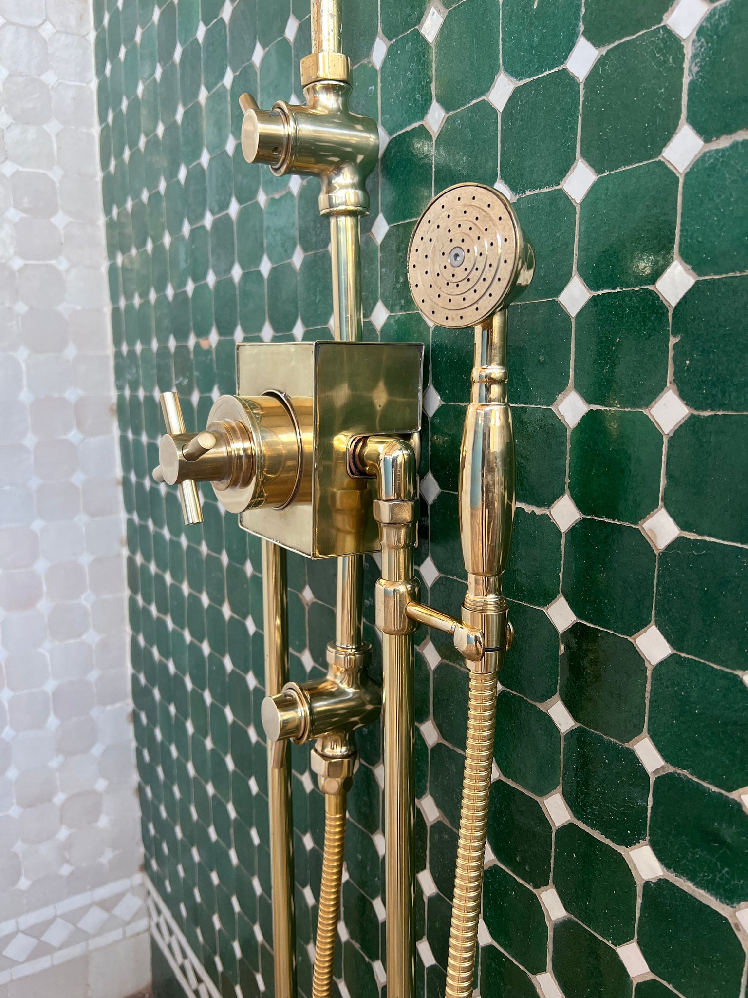 Unlacquered Brass Shower System, Bathroom Vintage Thermostatic Shower, Moroccan Handmade Shower